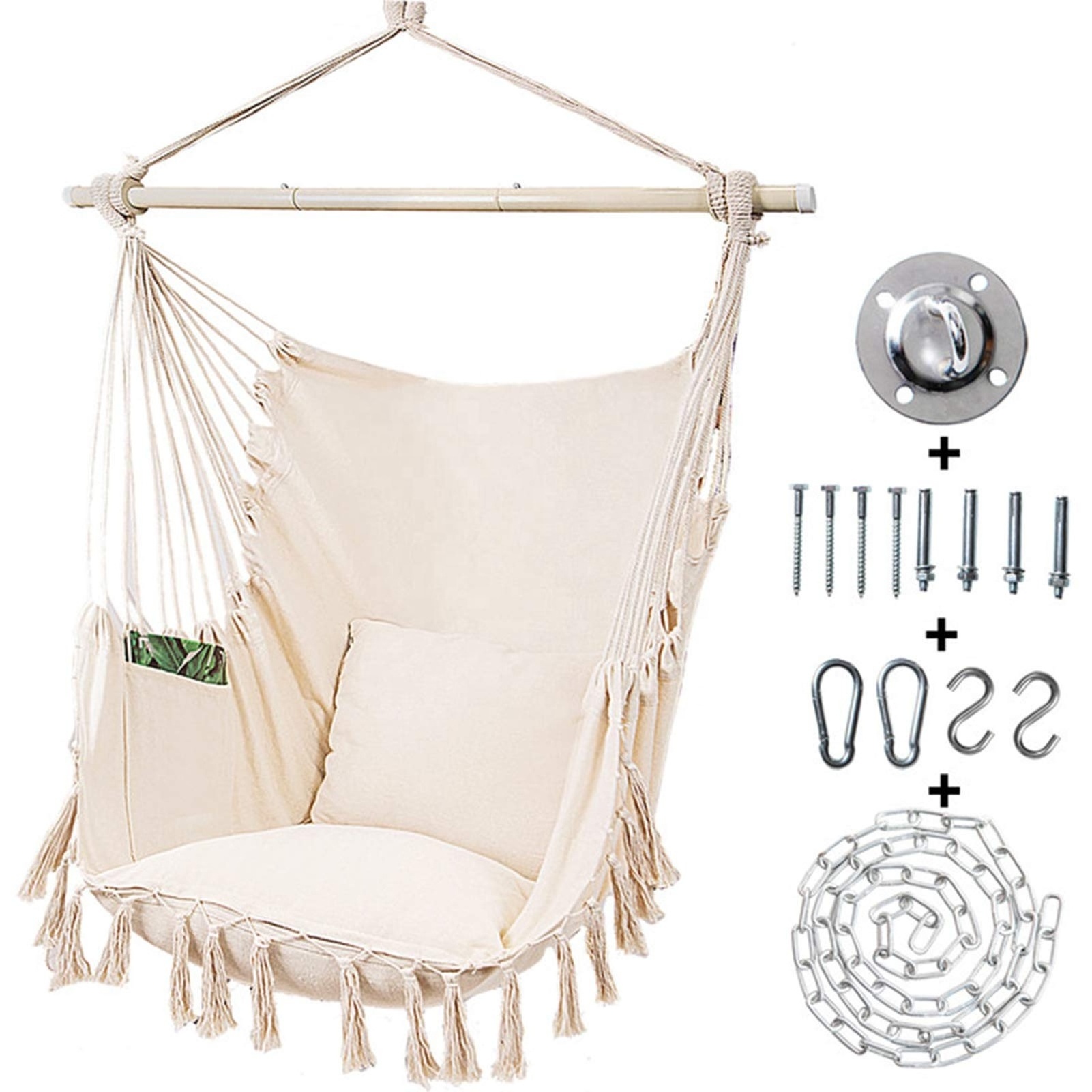 Large Hammock Chair with Detachable Metal Support Bar& Side Pocket Hanging Rope Swing