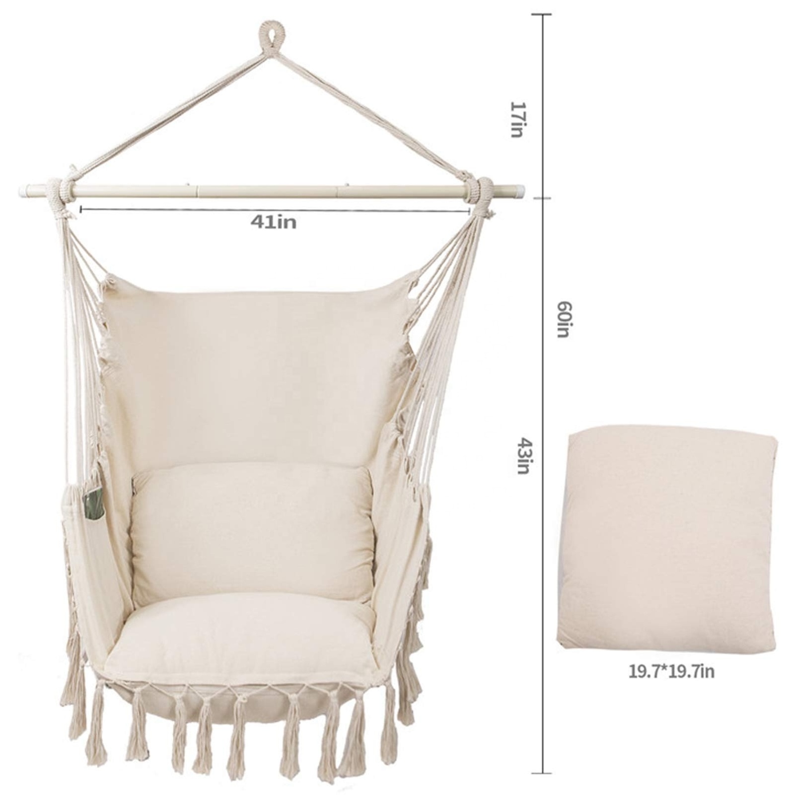 Large Hammock Chair with Detachable Metal Support Bar& Side Pocket Hanging Rope Swing