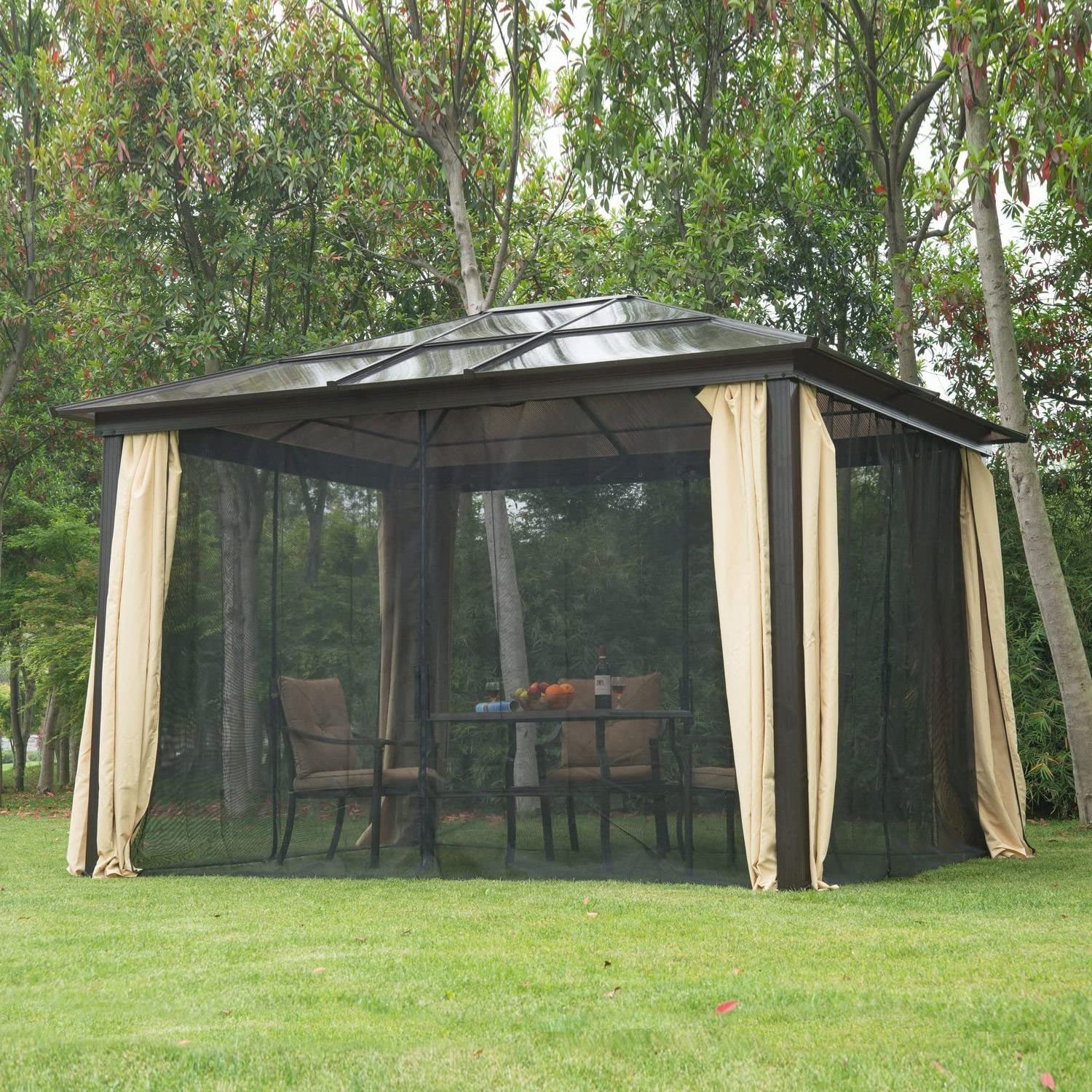 Durability Outdoor Sunny Aluminum Frame Poly Carbonate Hardtop Patio Gazebo Canopy With Roof Mesh Net Curtains