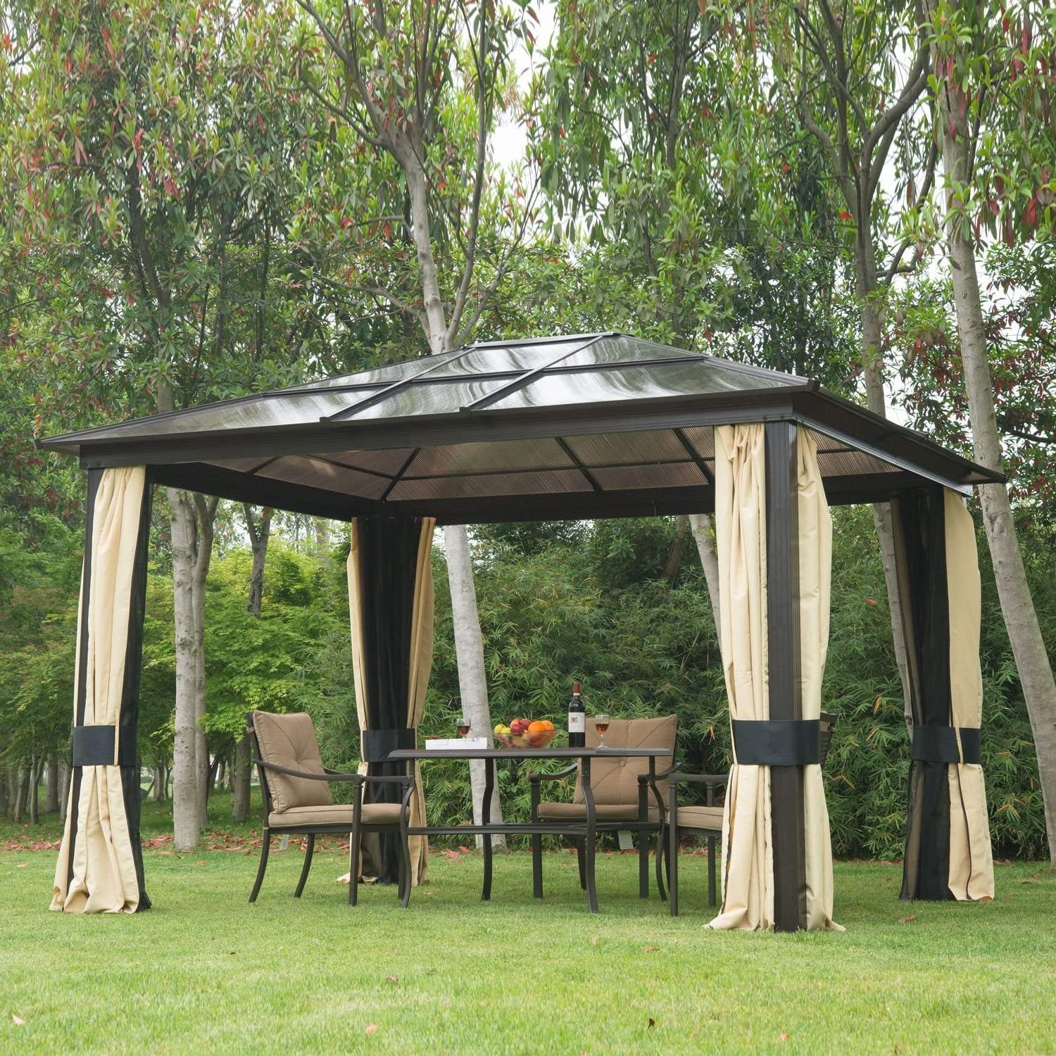 Durability Outdoor Sunny Aluminum Frame Poly Carbonate Hardtop Patio Gazebo Canopy With Roof Mesh Net Curtains