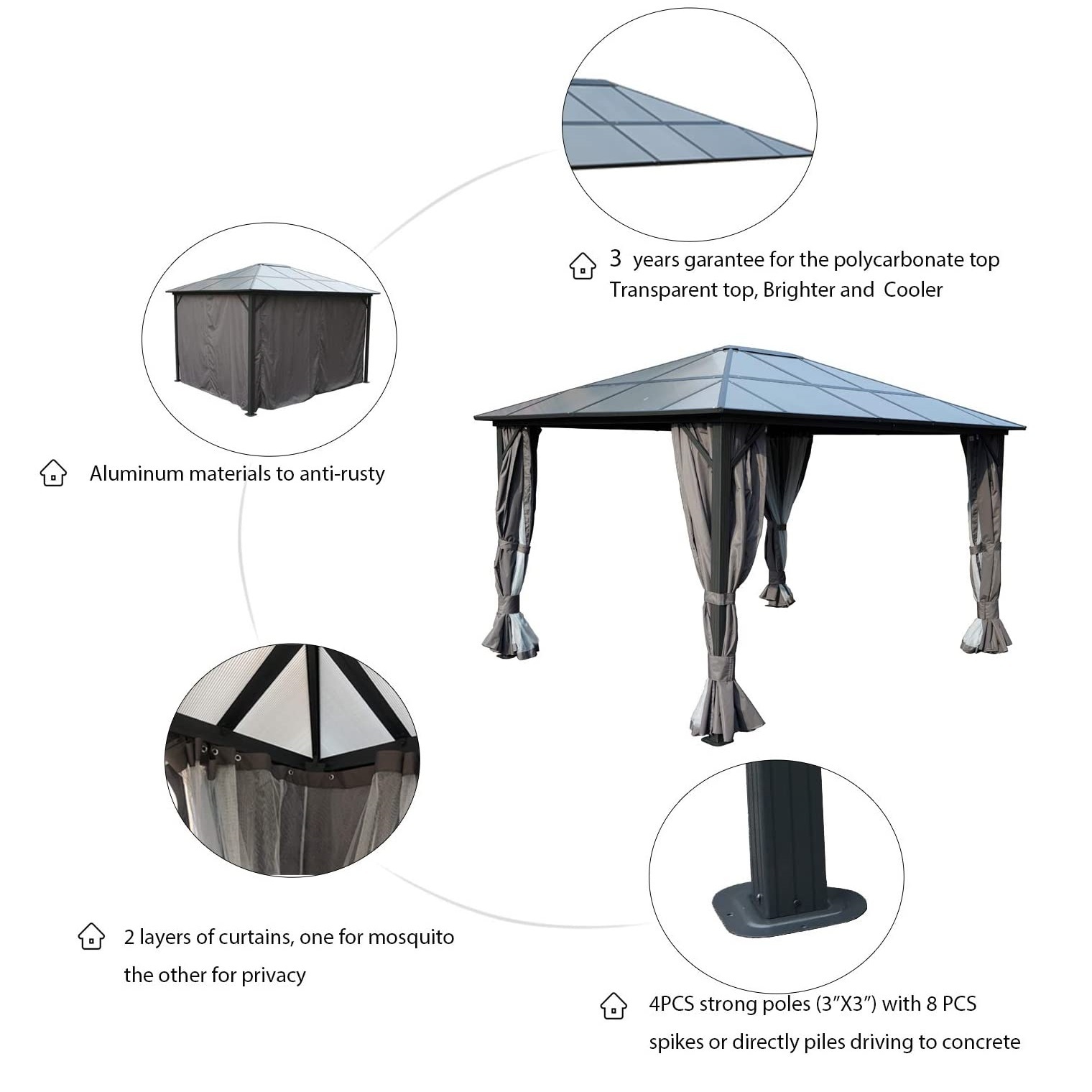 Outdoor Garden Aluminum Permanent Gazebo With A Mosquito Net And Privacy Curtain  Luxury Hardtop Gazebo