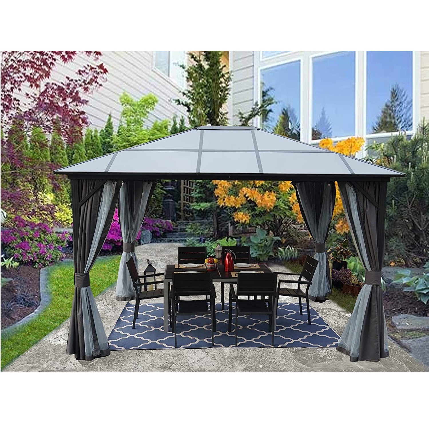 Outdoor Garden Aluminum Permanent Gazebo With A Mosquito Net And Privacy Curtain  Luxury Hardtop Gazebo