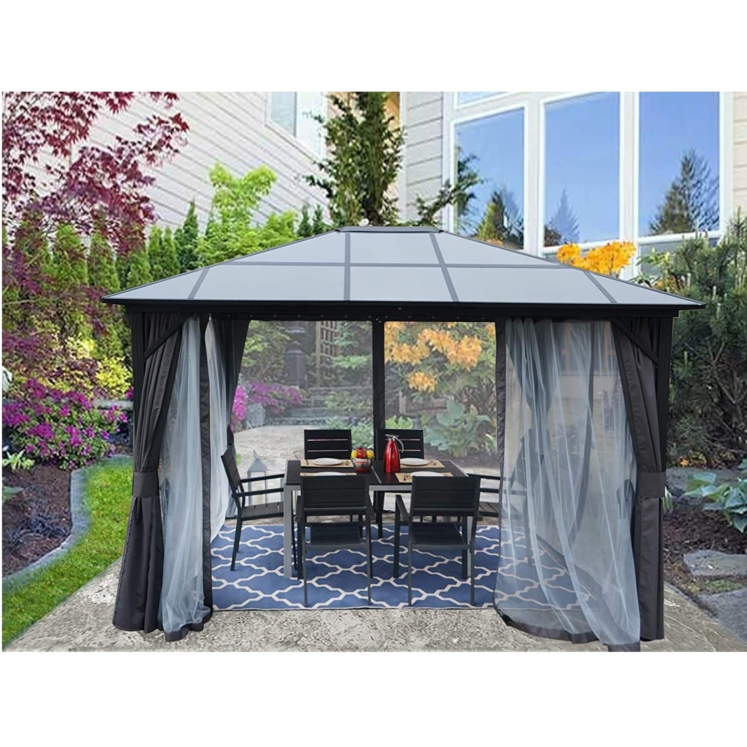 Outdoor Garden Aluminum Permanent Gazebo With A Mosquito Net And Privacy Curtain  Luxury Hardtop Gazebo