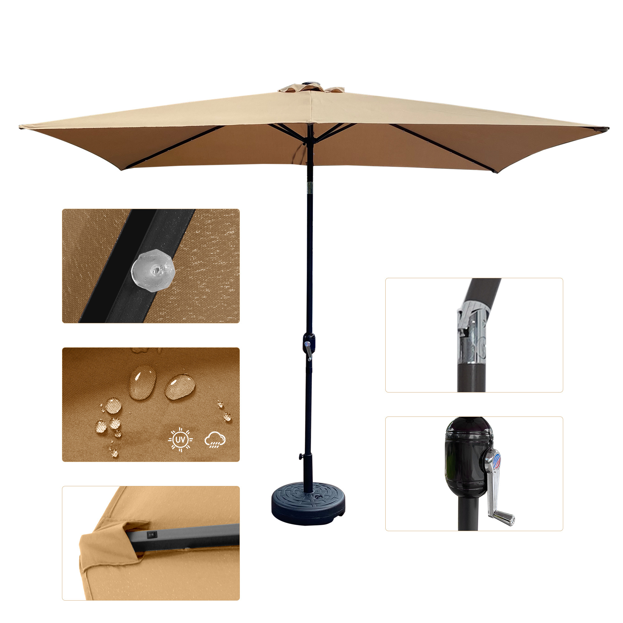 US Stock Outdoor 10x6.5Ft Rectangular Parasol With Crank And Tilt,Solar LED Lighted Market Umbrella