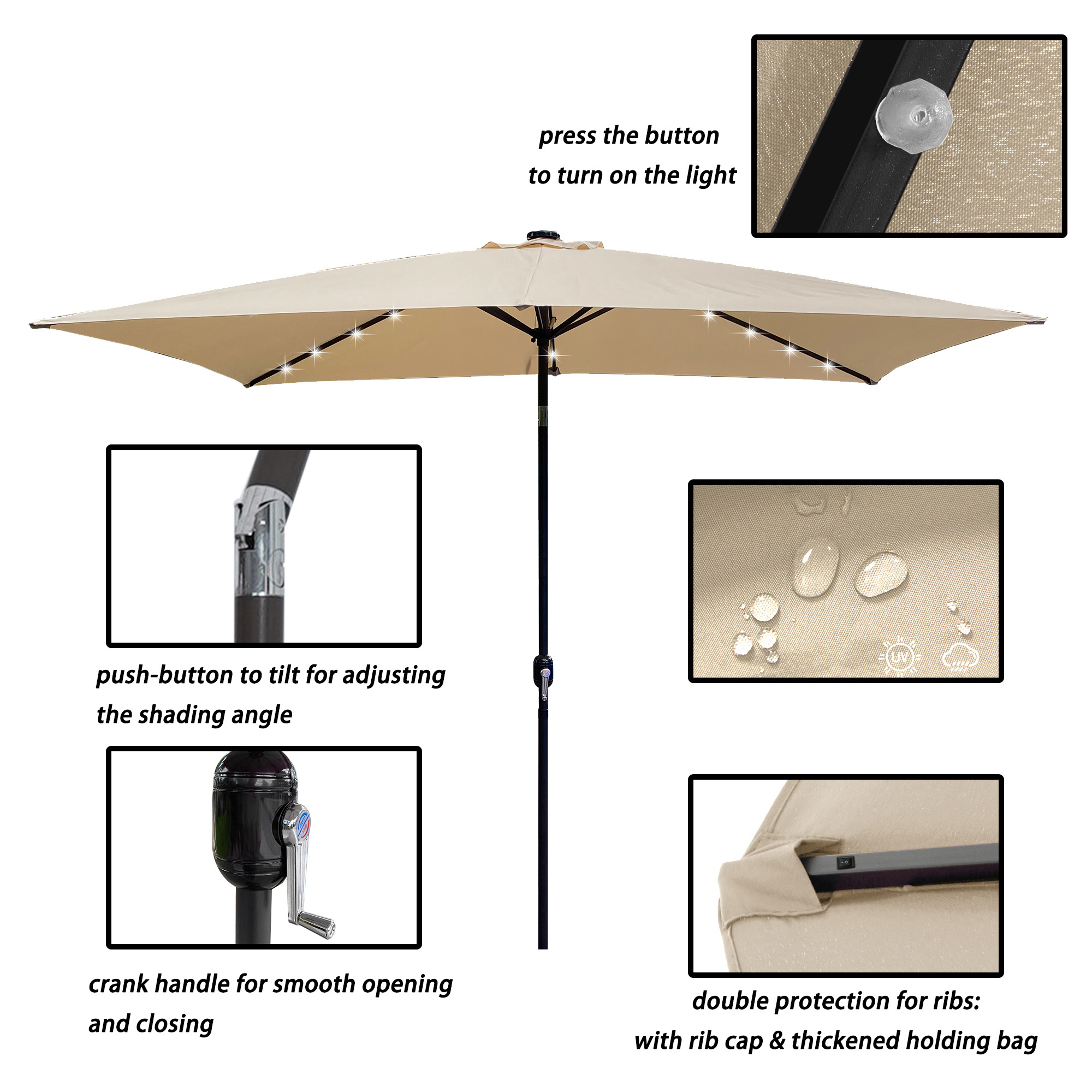 US Stock Outdoor 10x6.5Ft Rectangular Parasol With Crank And Tilt,Solar LED Lighted Market Umbrella