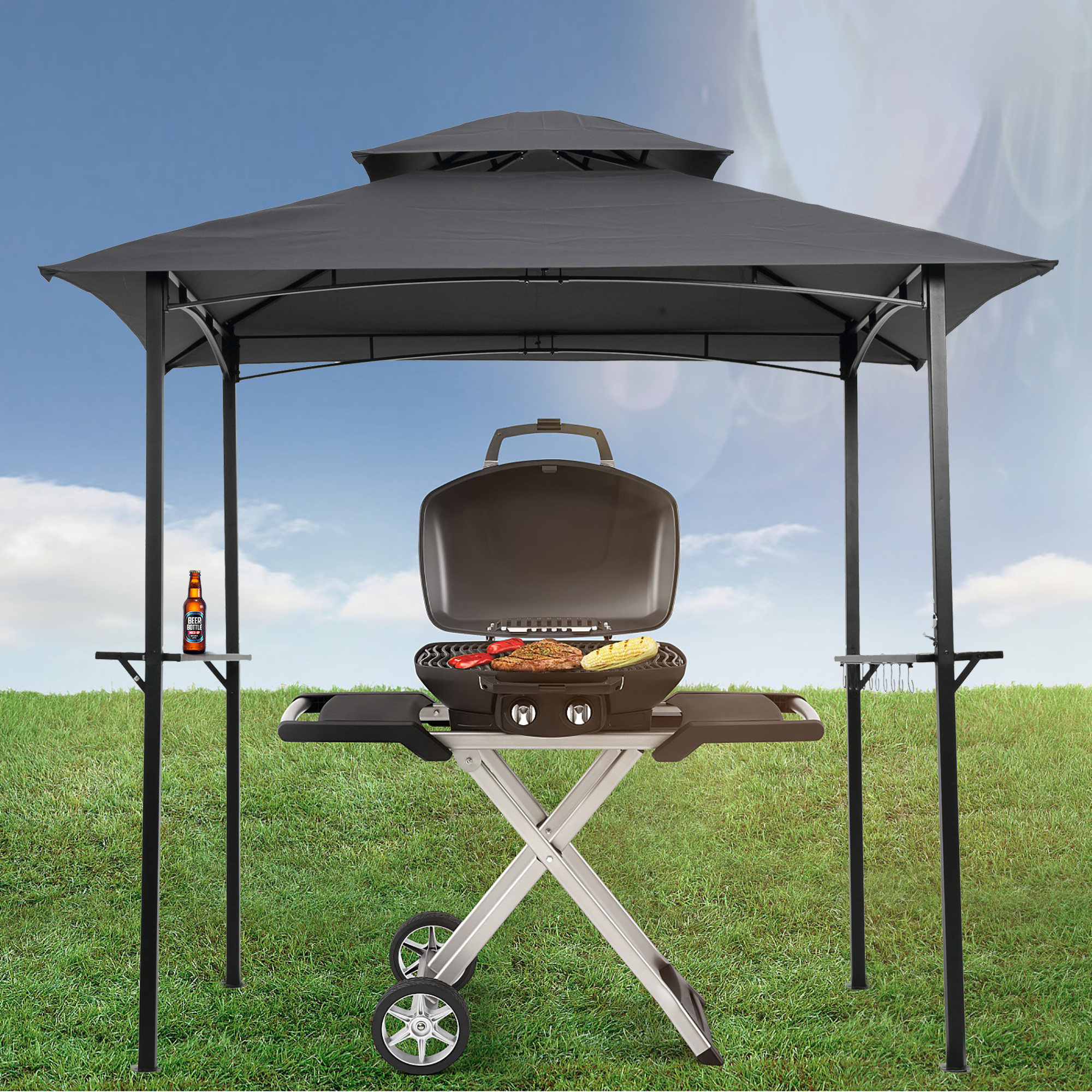 US Stock Outdoor Barbecue Grill Gazebo 8 x 5 Ft Double Flat Roof BBQ Metal Grill Gazebo Tent With Bar Shelves