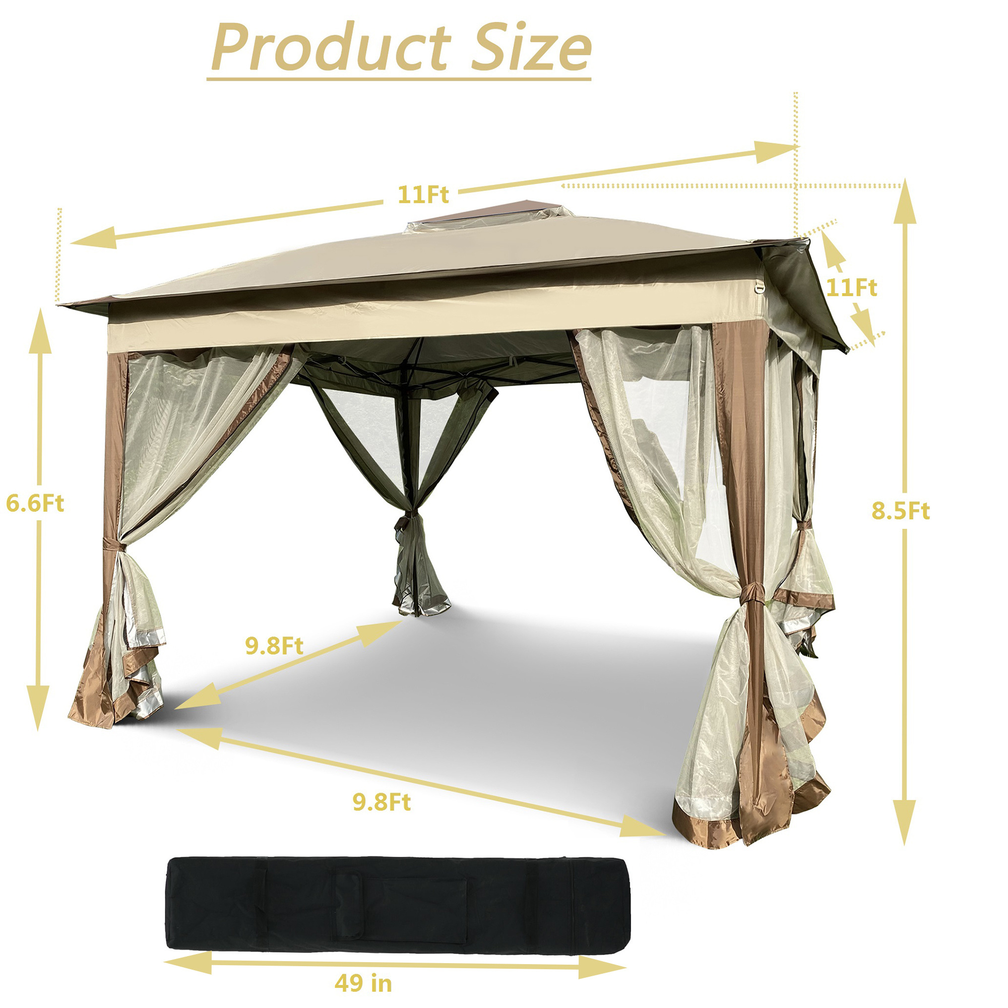 US Stock Outdoor 11x 11Ft Gazebo Canopy Tent With Removable Zipper Netting,Portable Pop Up Gazebo