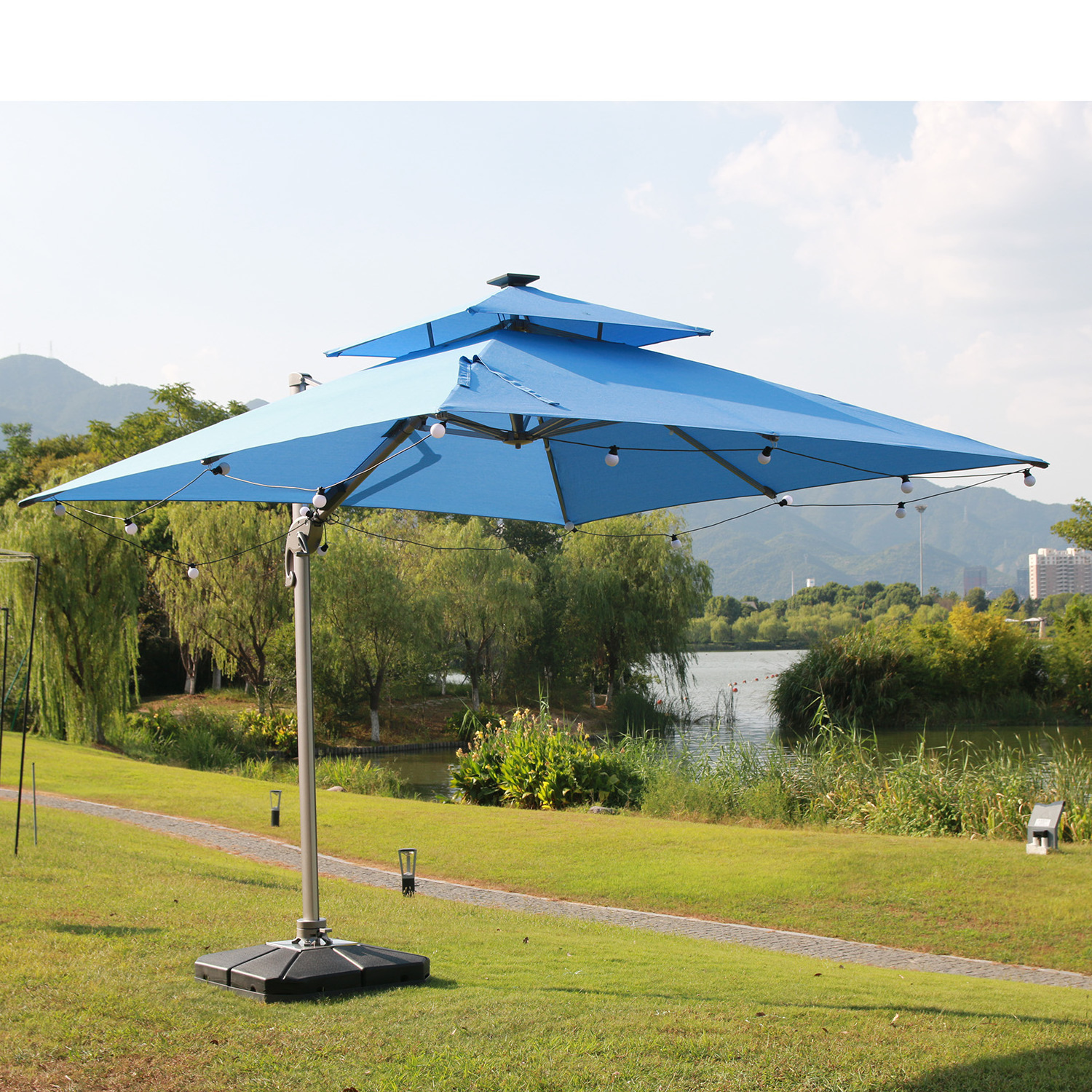 Garden Offset Parasol With Solar Power LED Lights Outdoor All Aluminum Cantilever Umbrella Patio Sunshade Hanging Roma Umbrella