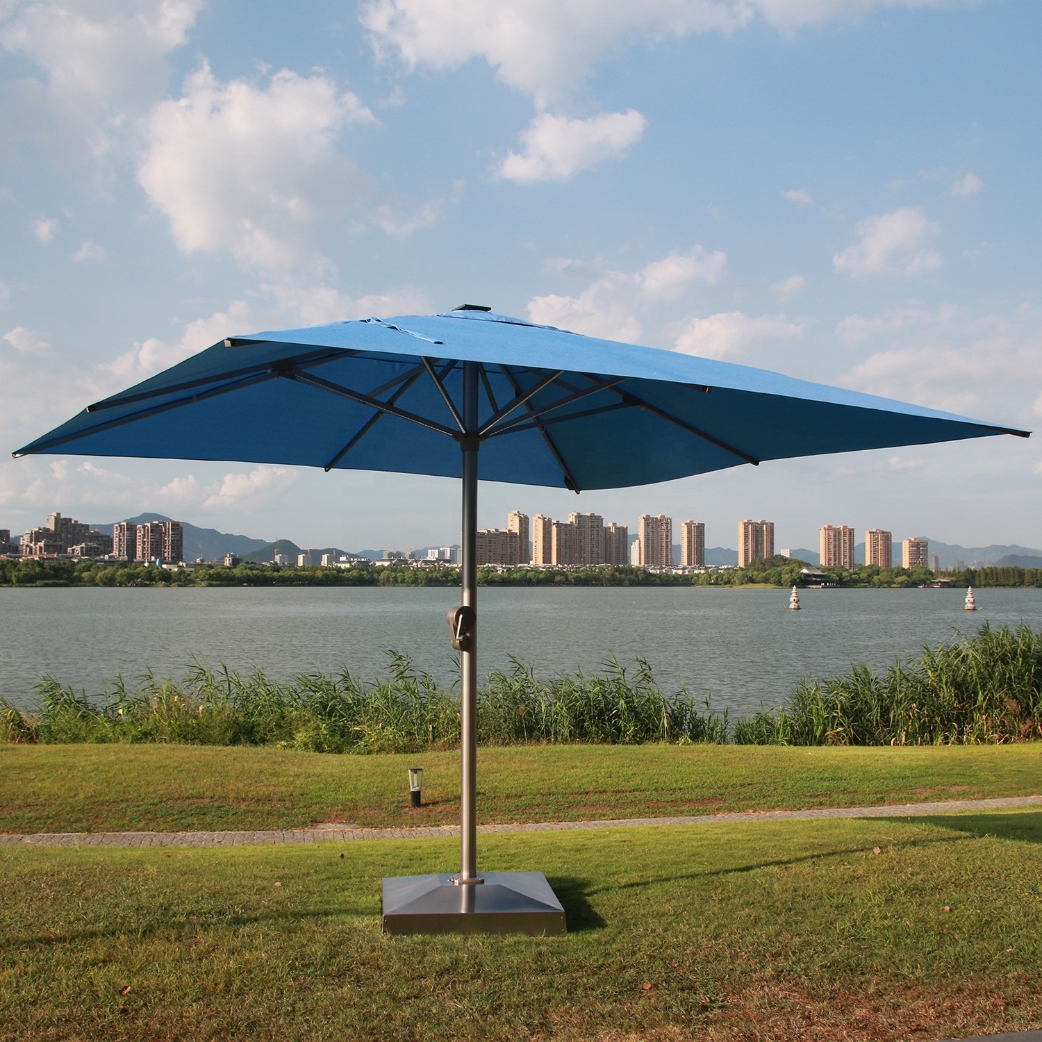 4M Large Square Sunshade Aluminum Umbrella With USB And Solar Powered Charge LED Lights Outdoor Parasols Standing Patio Umbrella