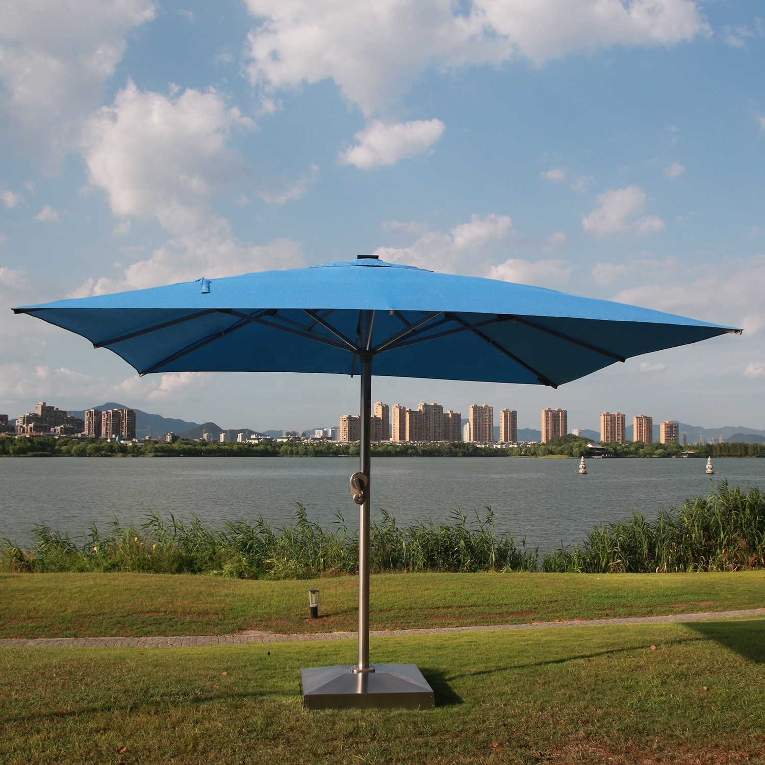 4M Large Square Sunshade Aluminum Umbrella With USB And Solar Powered Charge LED Lights Outdoor Parasols Standing Patio Umbrella