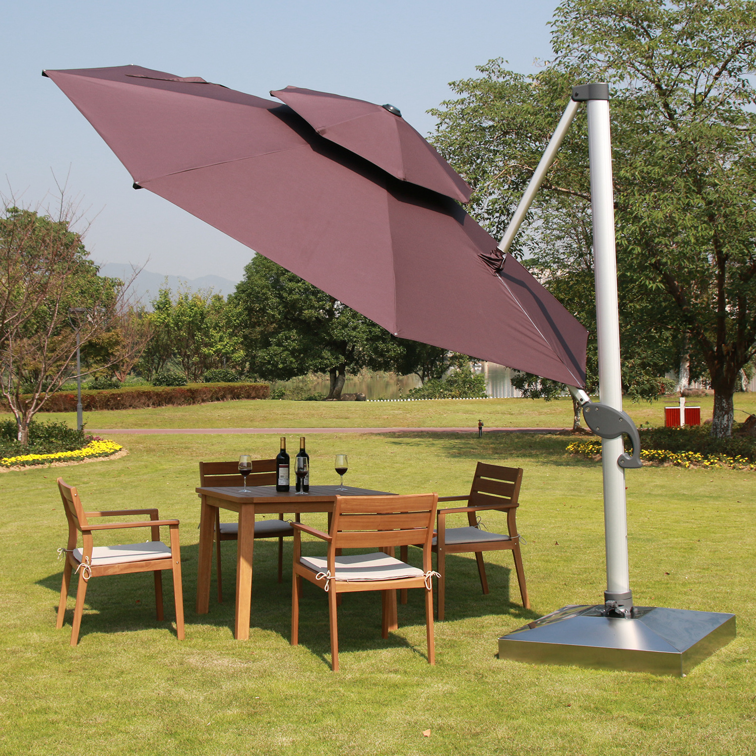 Outdoor Restaurant Offset Umbrella 3.5M Large Roman Parasols Patio Aluminum Cantilever Umbrellas With LED Lights