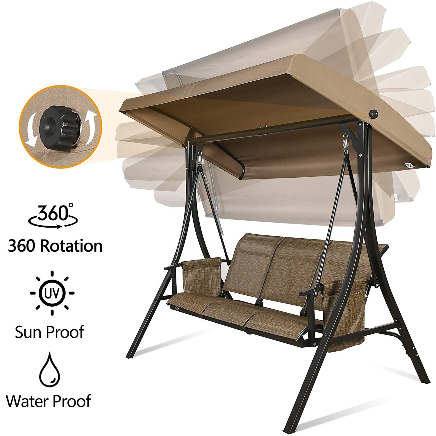 Outdoor Steel Frame 3 Seats Porch Swing Chair With Adjustable Canopy Outdoor Glider Bench Patio Swing Chairs