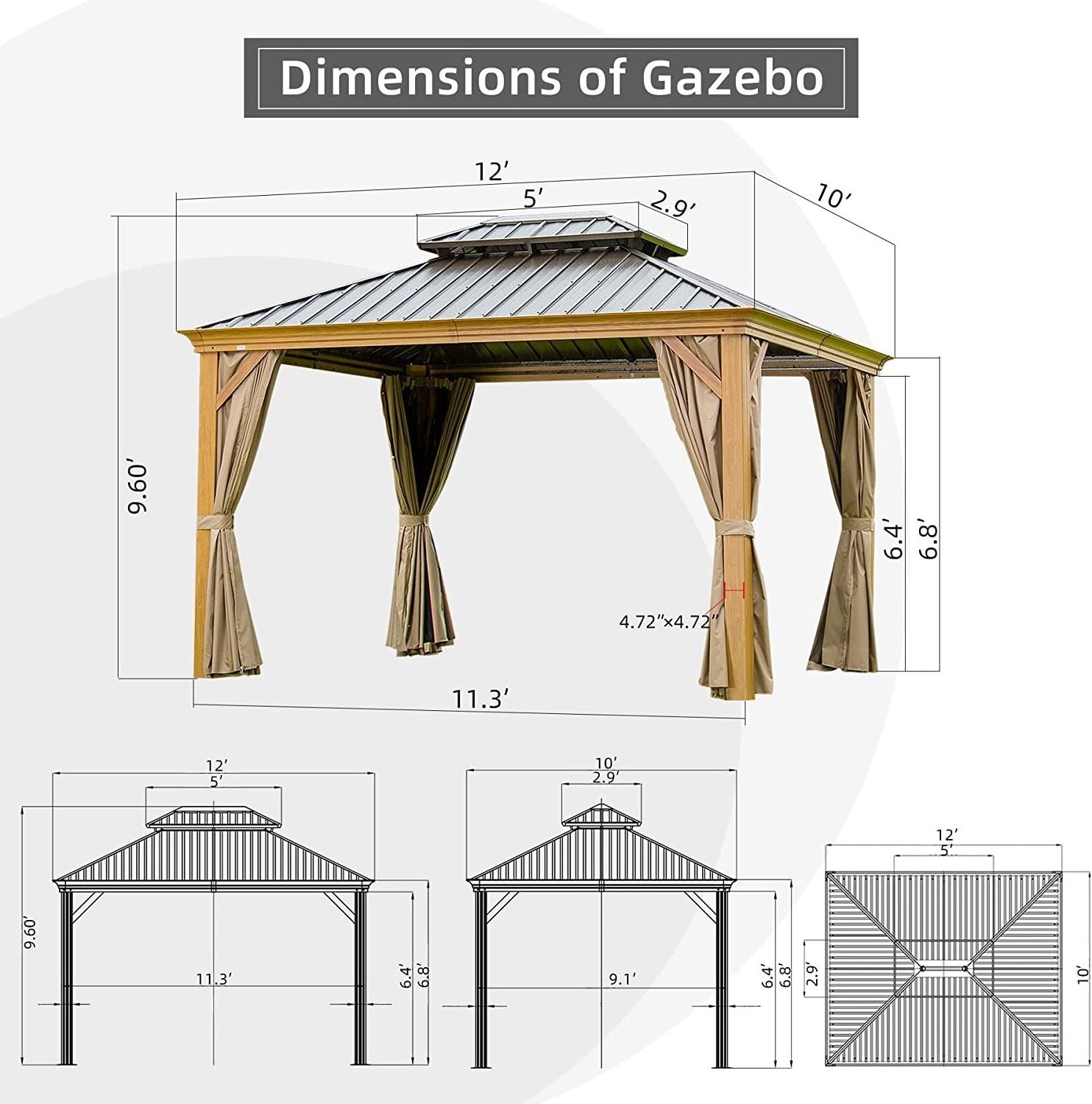 10ft x 12ft hardtop outdoor aluminum gazebo with galvanized steel double roof for lawns and gardens with curtains and netting