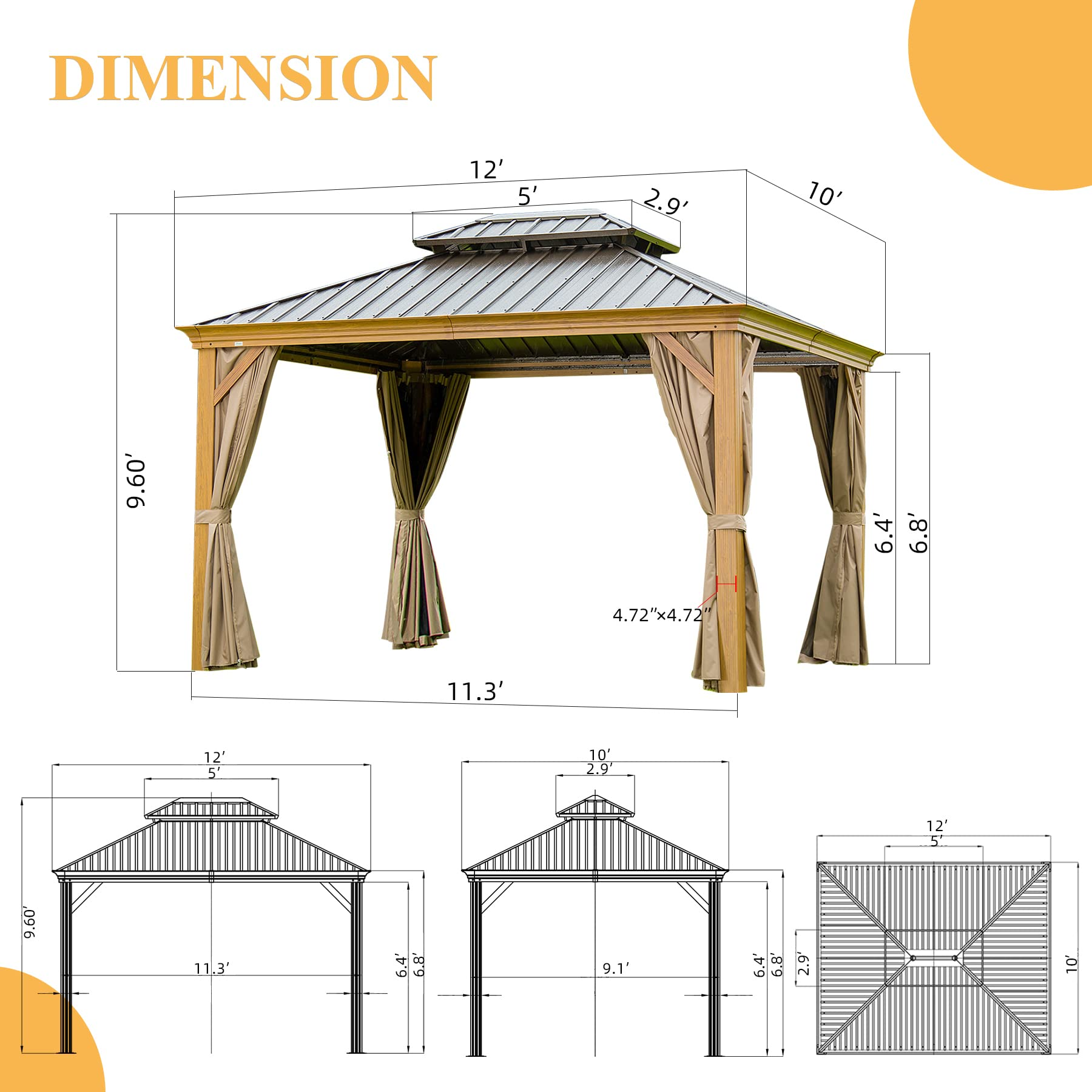 Outdoor Lawn Double Roof Hardtop Aluminum Wood Grain Gazebo Galvanized Steel Double Canopy with Curtains and Mosquito Netting