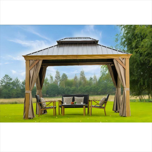 Outdoor Lawn Double Roof Hardtop Aluminum Wood Grain Gazebo Galvanized Steel Double Canopy with Curtains and Mosquito Netting