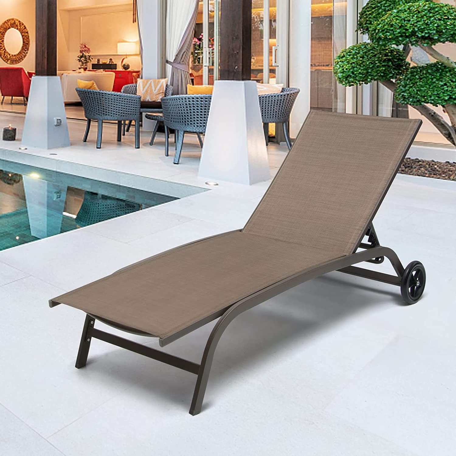 Aluminum Chaise Lounge Chairs with Wheels Outdoor Adjustable Recliner Five-Position and Full Flat Tanning Chair