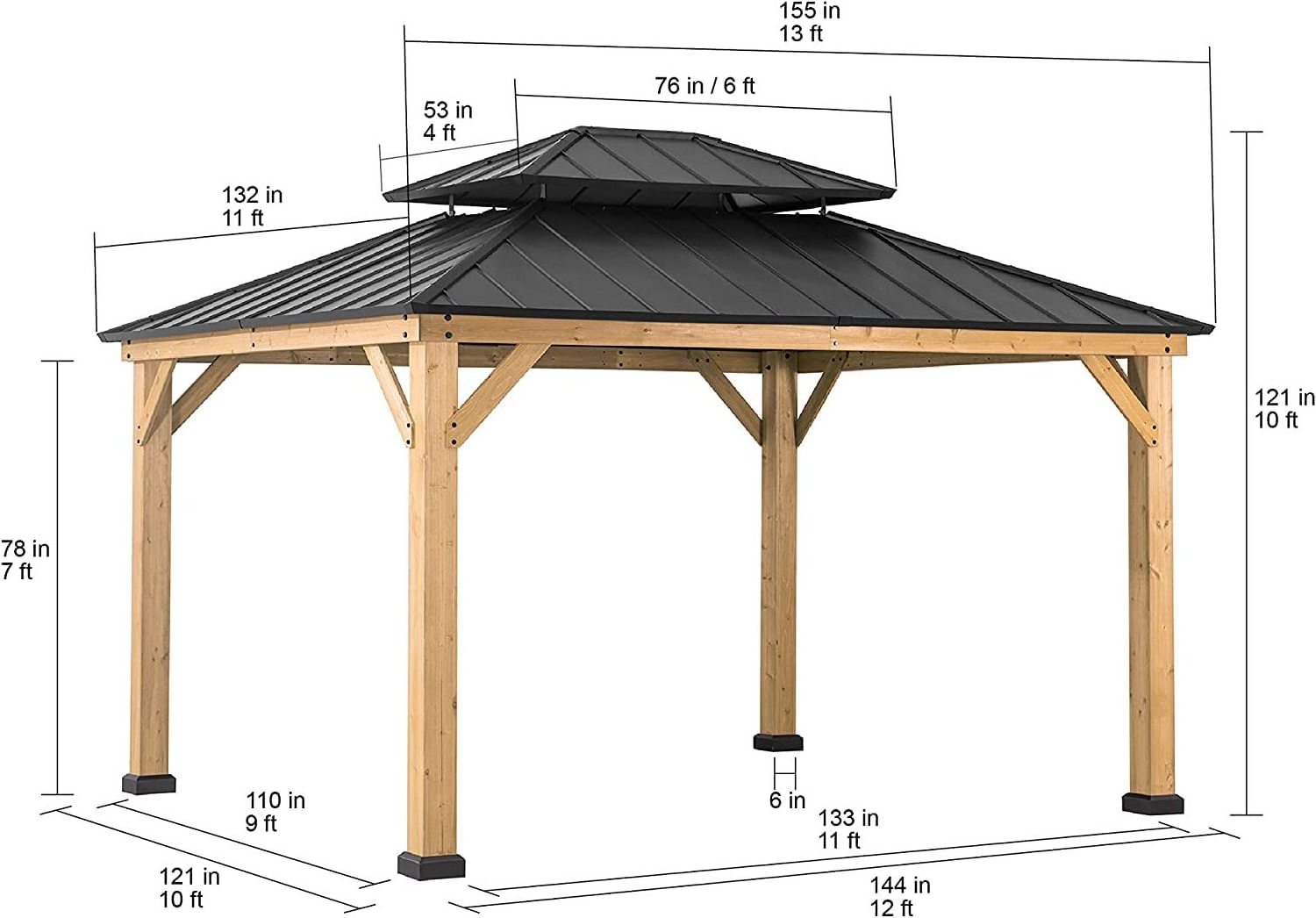 11x 13ft outdoor terrace cedar-framed wooden pavilion with black dual steel roof for garden and backyard shading