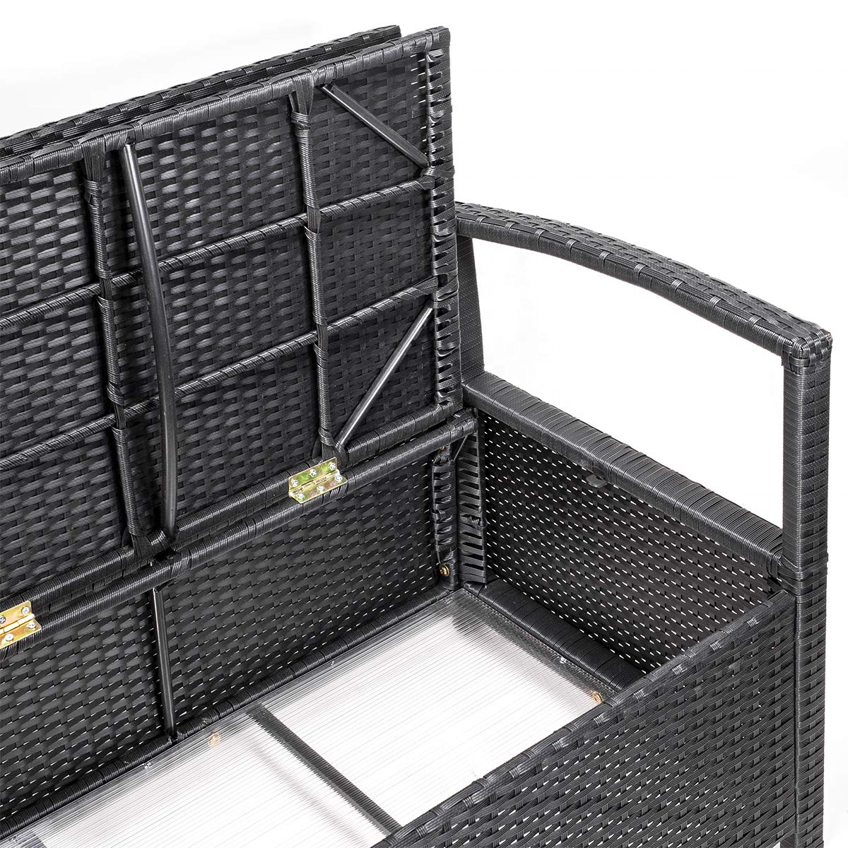 Outdoor Deck Box Bench Storage with Backrest Armrest UV Resistant Wicker with Seat Cushion