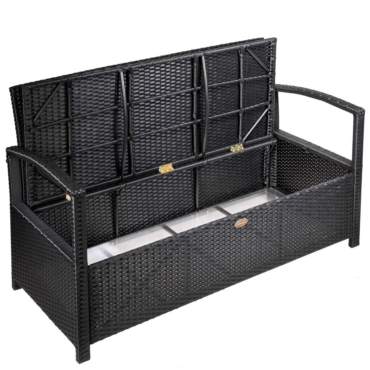 Outdoor Deck Box Bench Storage with Backrest Armrest UV Resistant Wicker with Seat Cushion