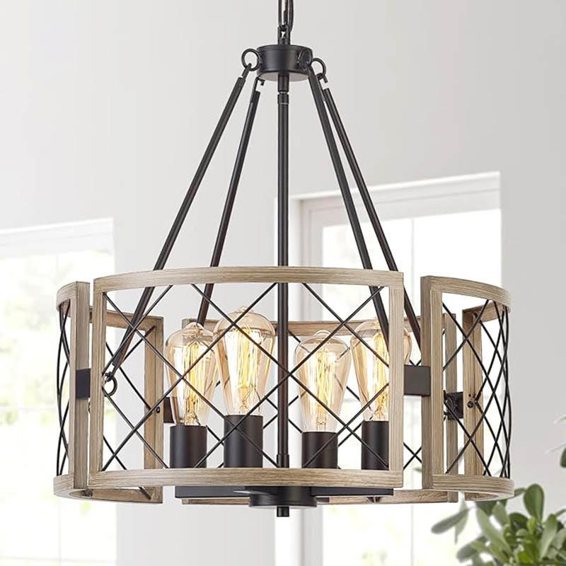 2024 New Modern Farmhouse Adjustable Hanging Light Wood Chandelier Rustic 4-Lights Pendant Light Fixture for Dining Room