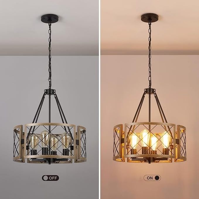 2024 New Modern Farmhouse Adjustable Hanging Light Wood Chandelier Rustic 4-Lights Pendant Light Fixture for Dining Room