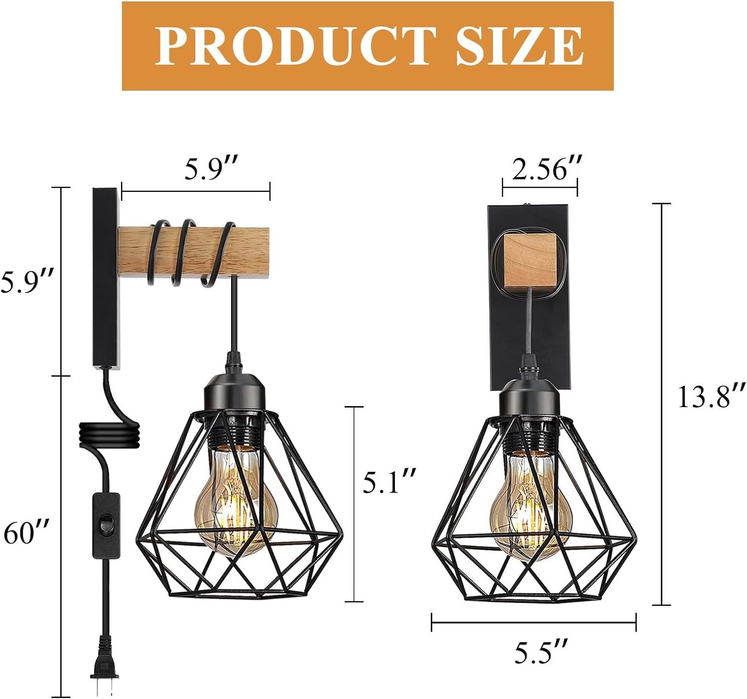 LED Lighting Amazon Hot Sale Black Industry Rustic Retro Wall Lighting Farmhouse Wall Mounted Plug in Wall Sconces  for Bedroom