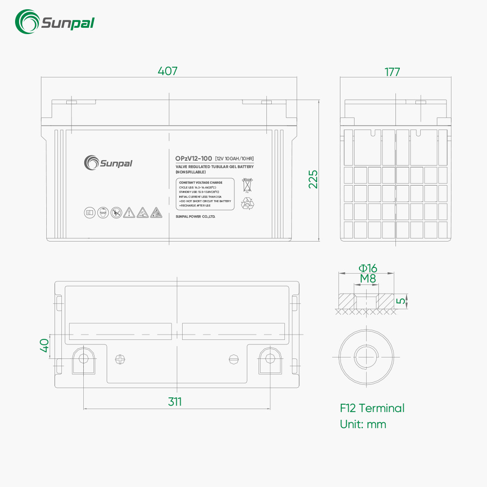 Sunpal OPzV Home Solar Sealed Lead Acid Battery 12V 100Ah 120Ah 200Ah Deep Cycle Agm Batteries