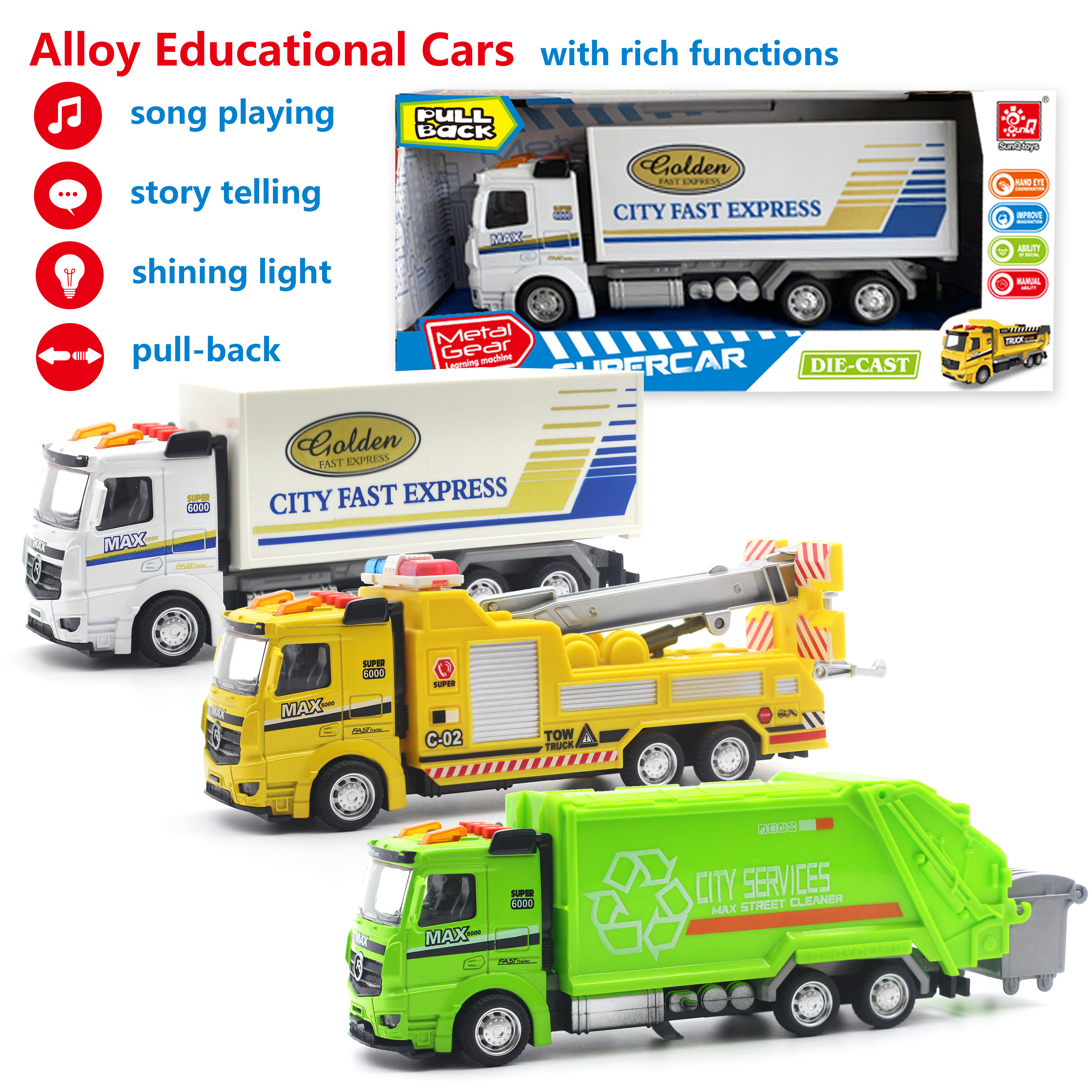 Factory Wholesale 1:43 Alloy Educational Toy Car Die-Cast Pullback Music Truck Wholesale Toy Cars Truck For Boys Car