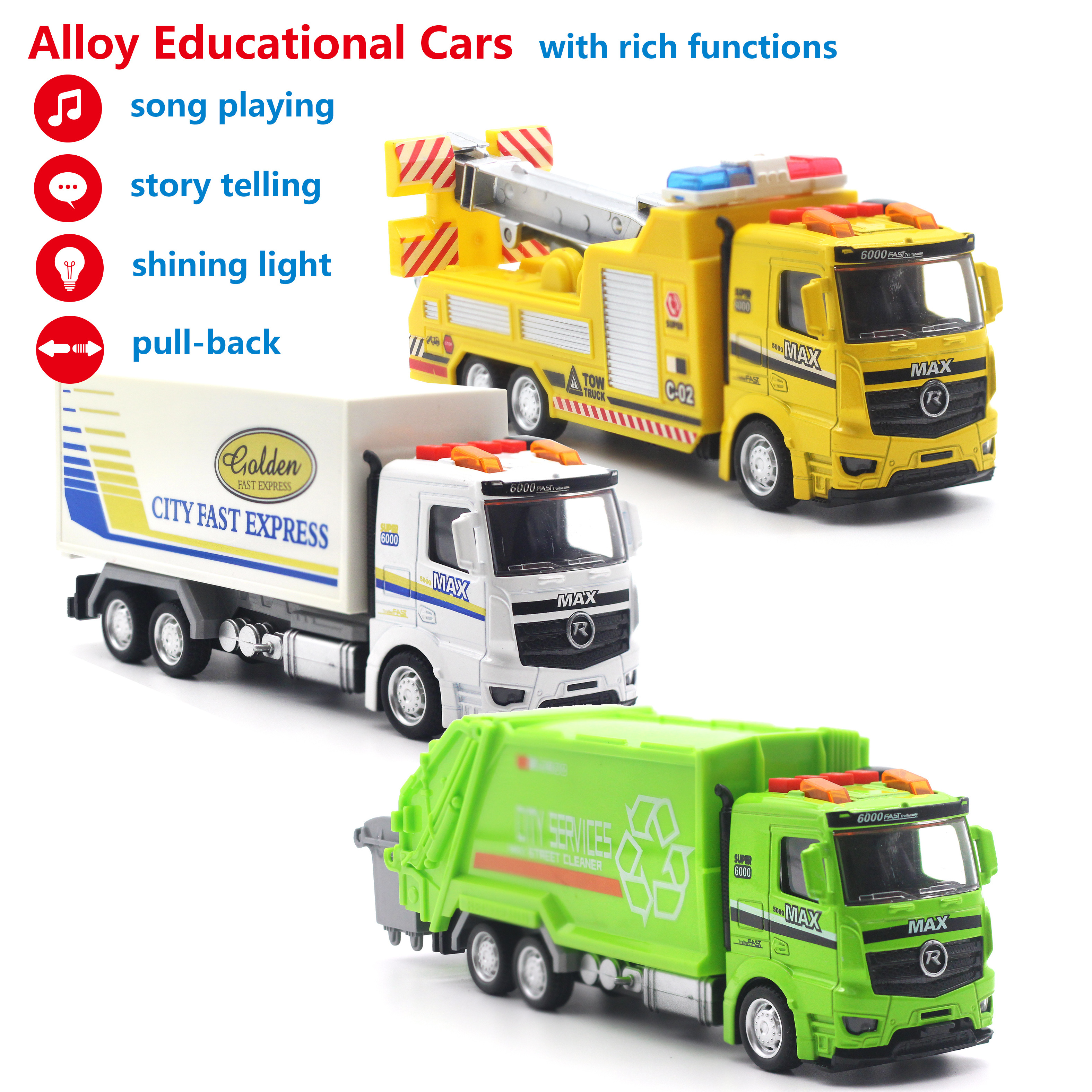 Factory Wholesale 1:43 Alloy Educational Toy Car Die-Cast Pullback Music Truck Wholesale Toy Cars Truck For Boys Car