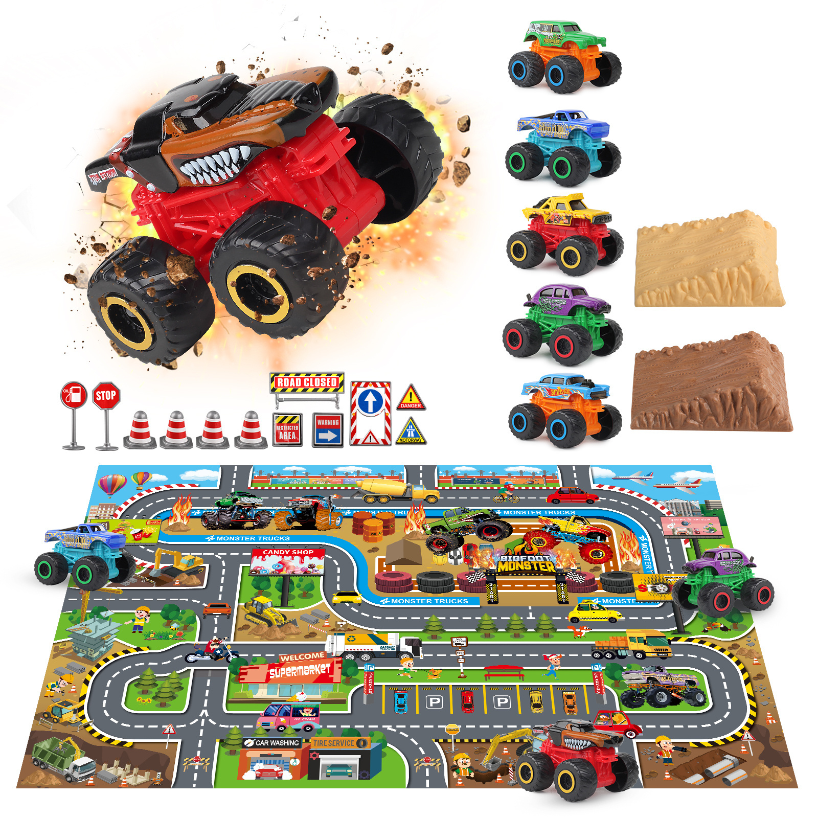 Low Price Hot Selling 21Pcs  Four Wheeled Car Off-Road Monster Trucks  Diecast Car Toy with play mat set