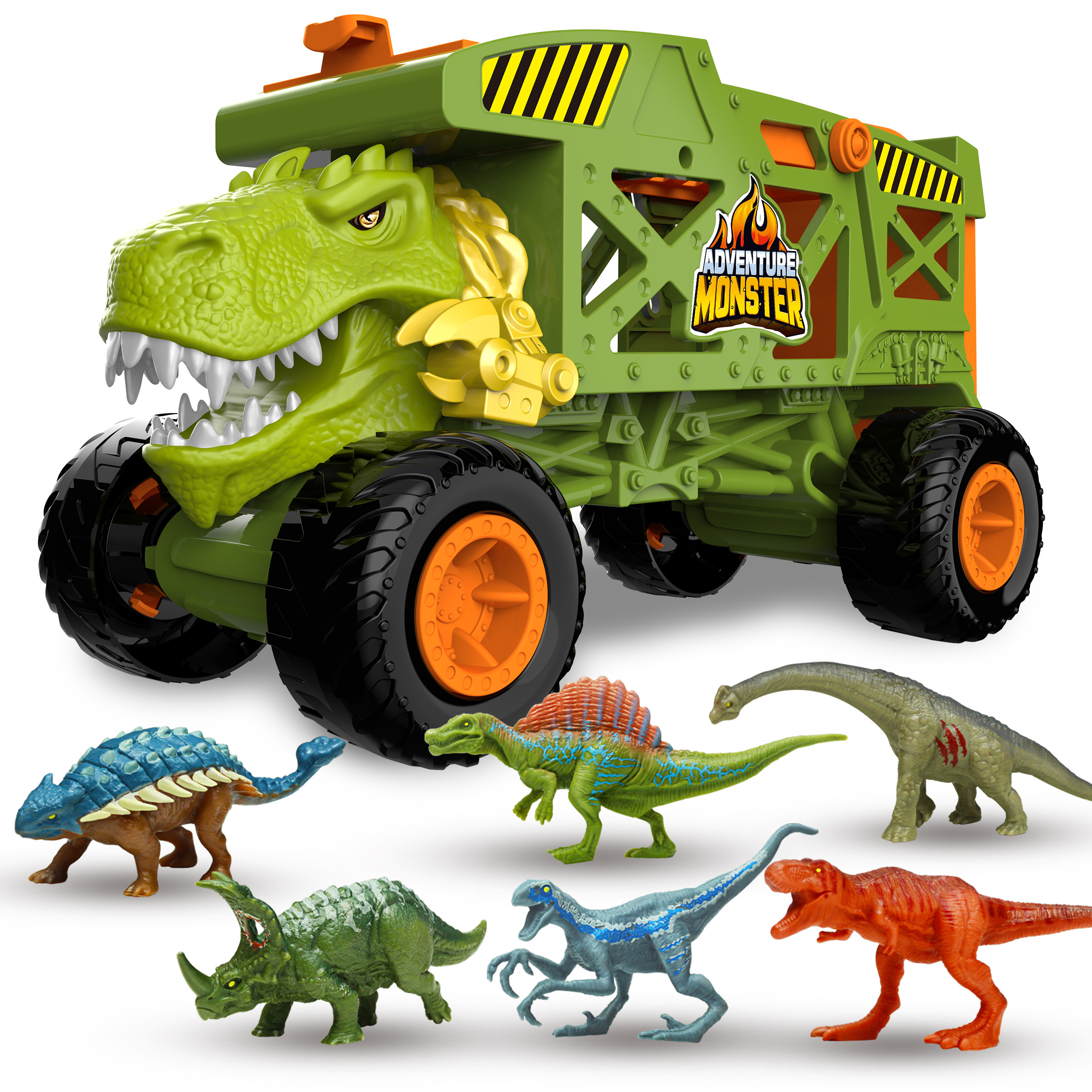 New Tyrannosaurus Rex Dinosaur Carrier Truck Set Toddler Dinosaurs Mover Transport Car Toys for Kids 3-5 with 6 Dino Figures Gre