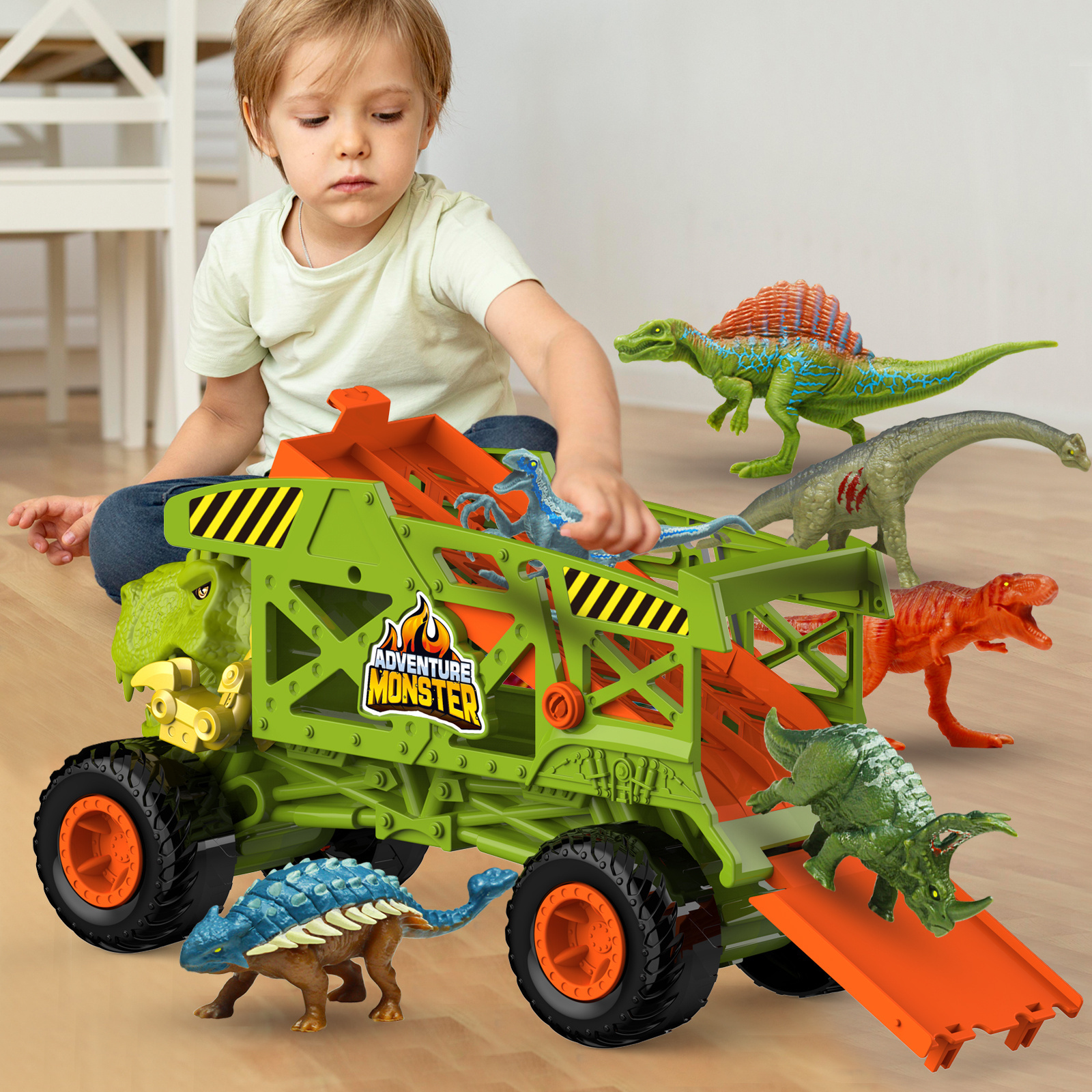 New Tyrannosaurus Rex Dinosaur Carrier Truck Set Toddler Dinosaurs Mover Transport Car Toys for Kids 3-5 with 6 Dino Figures Gre