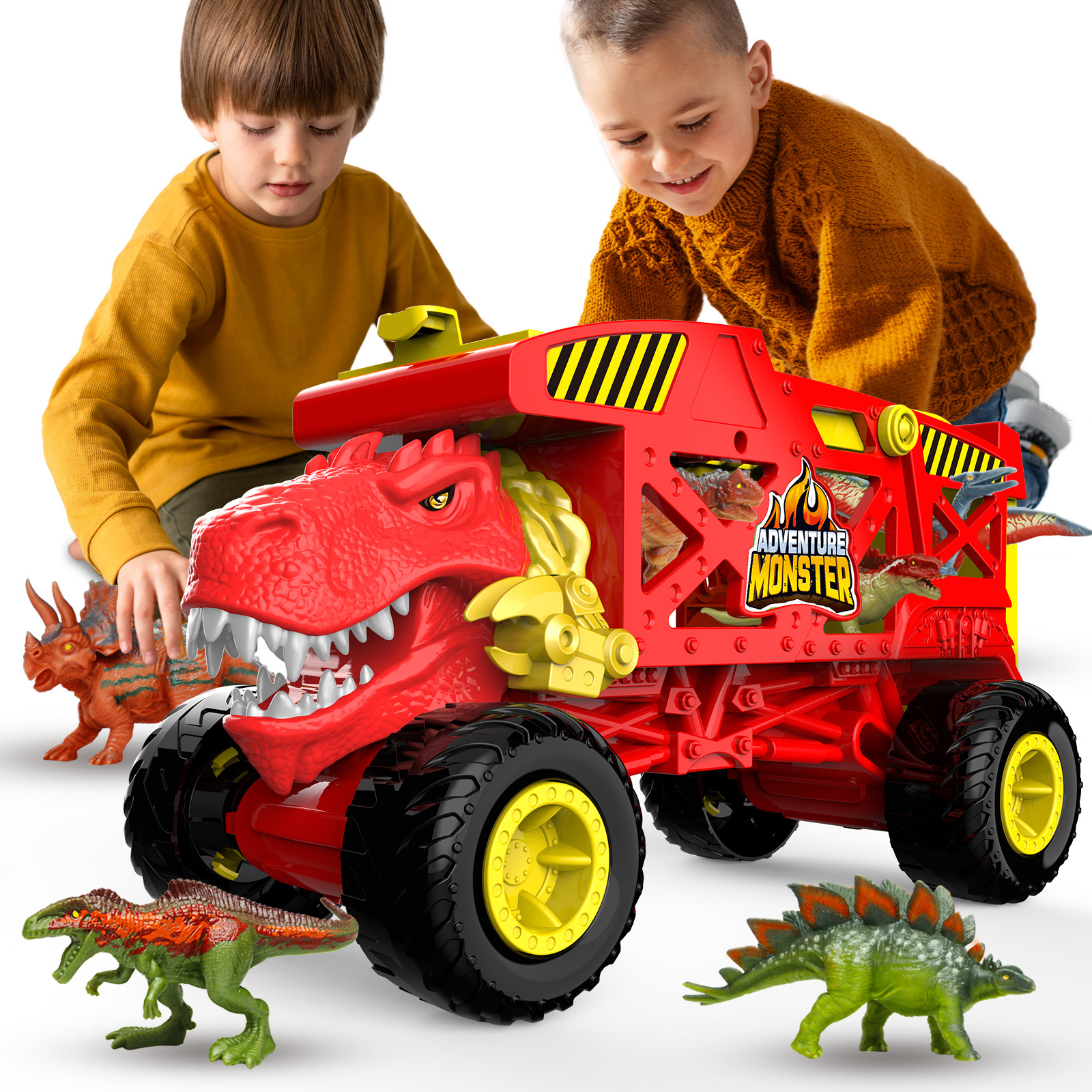 New Tyrannosaurus Rex Dinosaur Carrier Truck Set Toddler Dinosaurs Mover Transport Car Toys for Kids 3-5 with 6 Dino Figures Gre