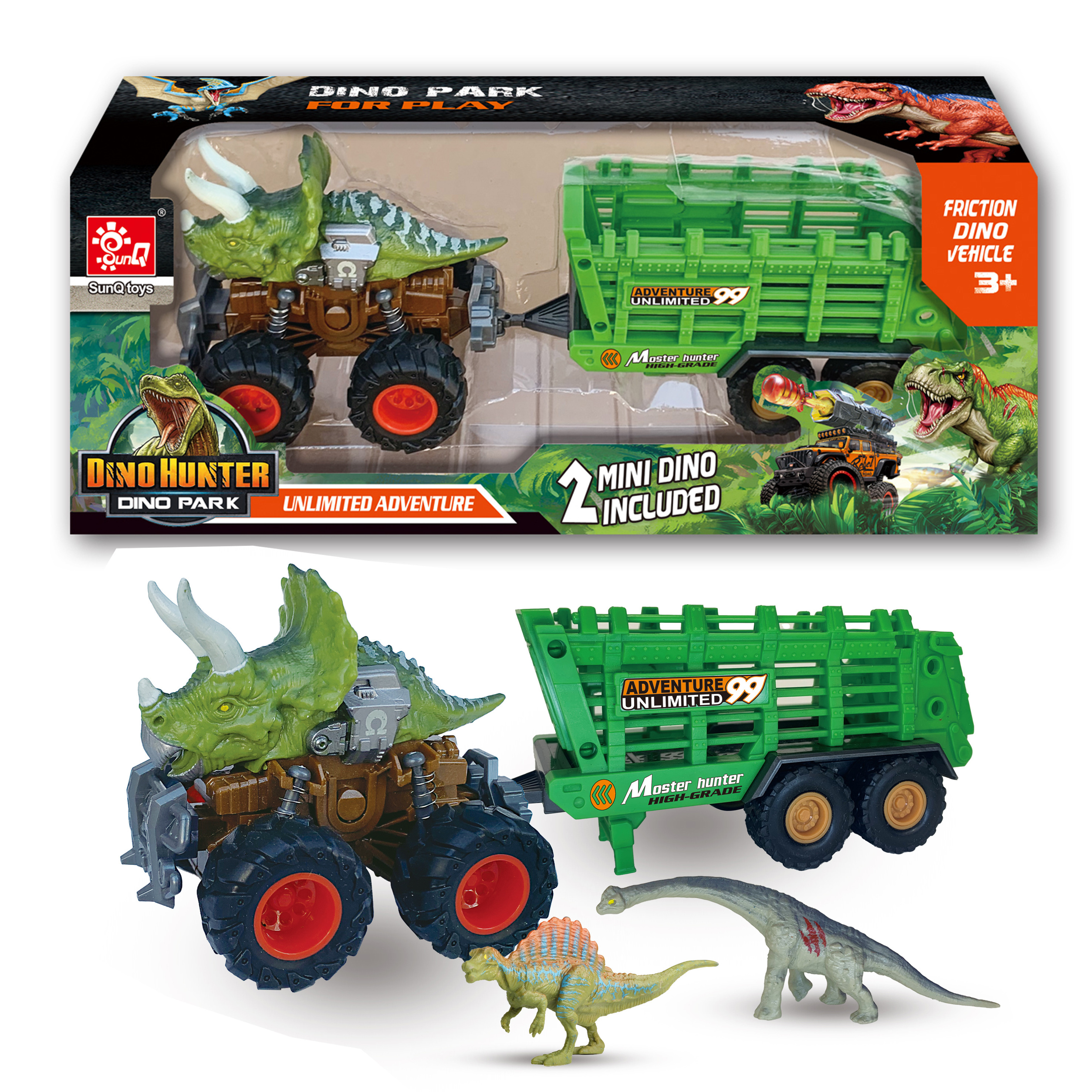 SunQ Factory Wholesale Dino Monster Jam Truck Toy Car New Big Dinosaur Truck With 2Pcs Dinosaur Toys