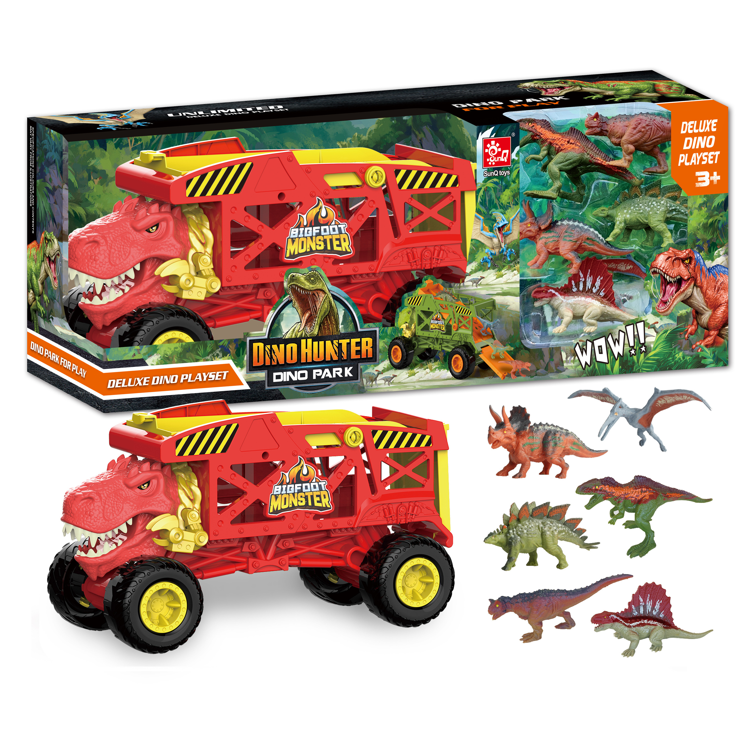 2023 Trending  Good Quality Dinosaur Big Wheel Transporter with 6 PCS Plastic Dinosaurs Play Set  Monster Truck