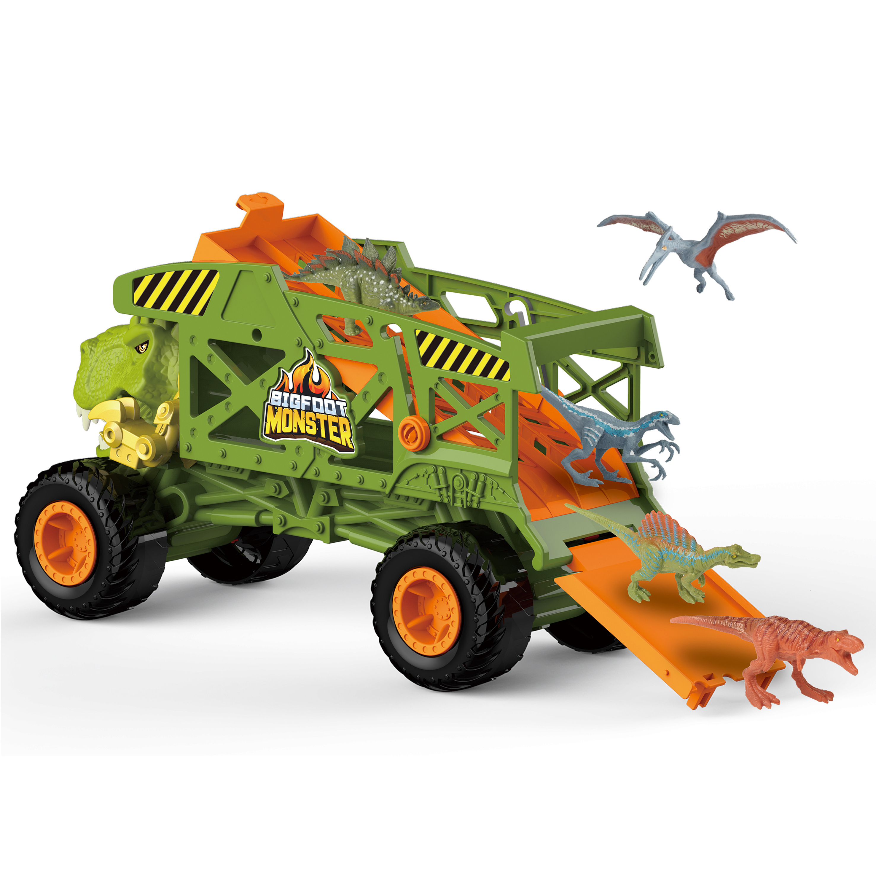 2023 Trending  Good Quality Dinosaur Big Wheel Transporter with 6 PCS Plastic Dinosaurs Play Set  Monster Truck