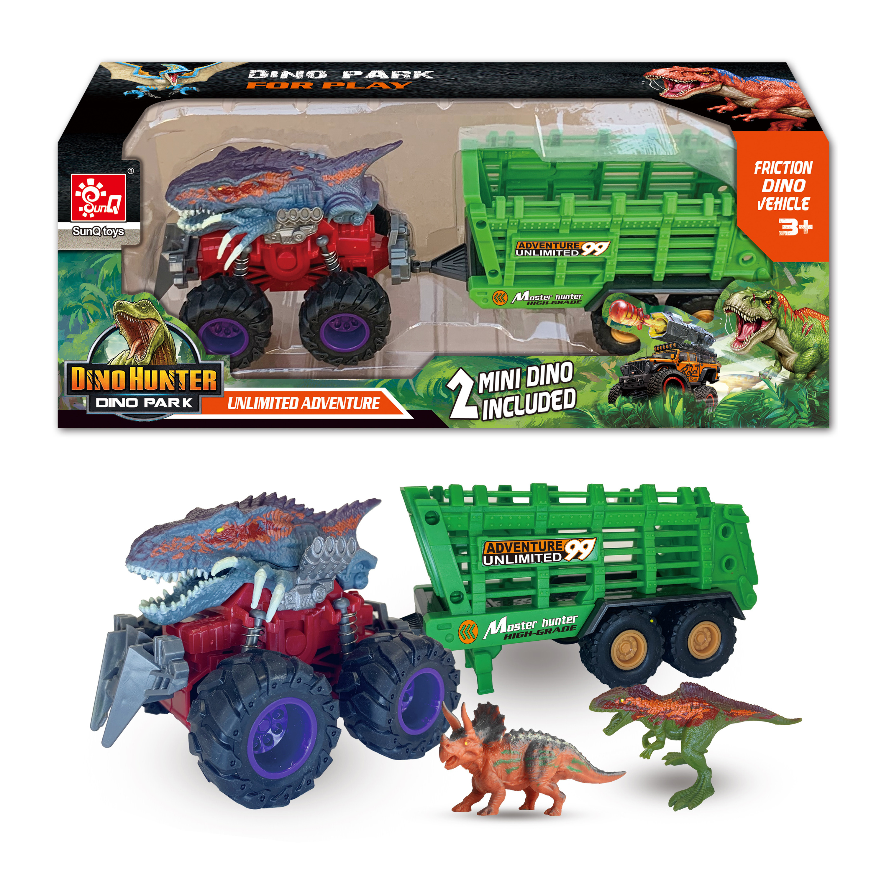 SunQ Factory Wholesale Dino Monster Jam Truck Toy Car New Big Dinosaur Truck With 2Pcs Dinosaur Toys