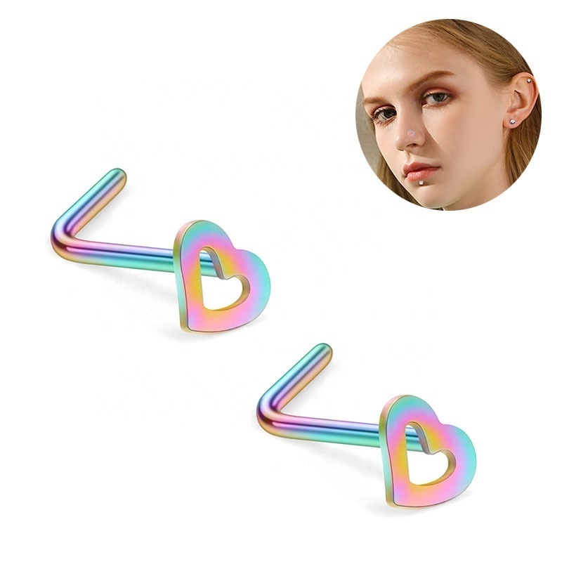 Medical Stainless Steel Body Piercing Jewelry Hollow Heart L Shape Nose Nostril Ring Nose Piercing