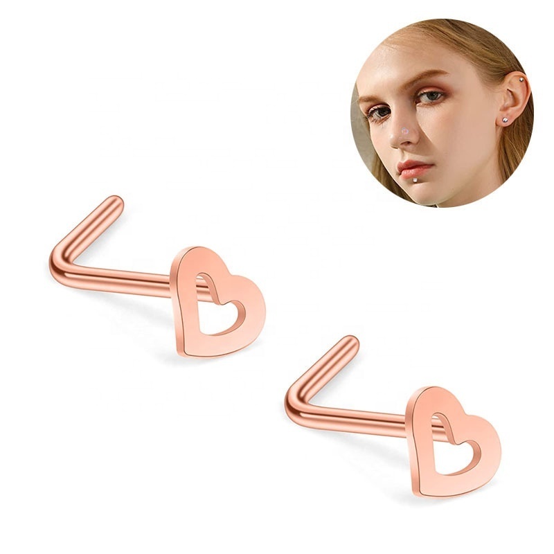 Medical Stainless Steel Body Piercing Jewelry Hollow Heart L Shape Nose Nostril Ring Nose Piercing