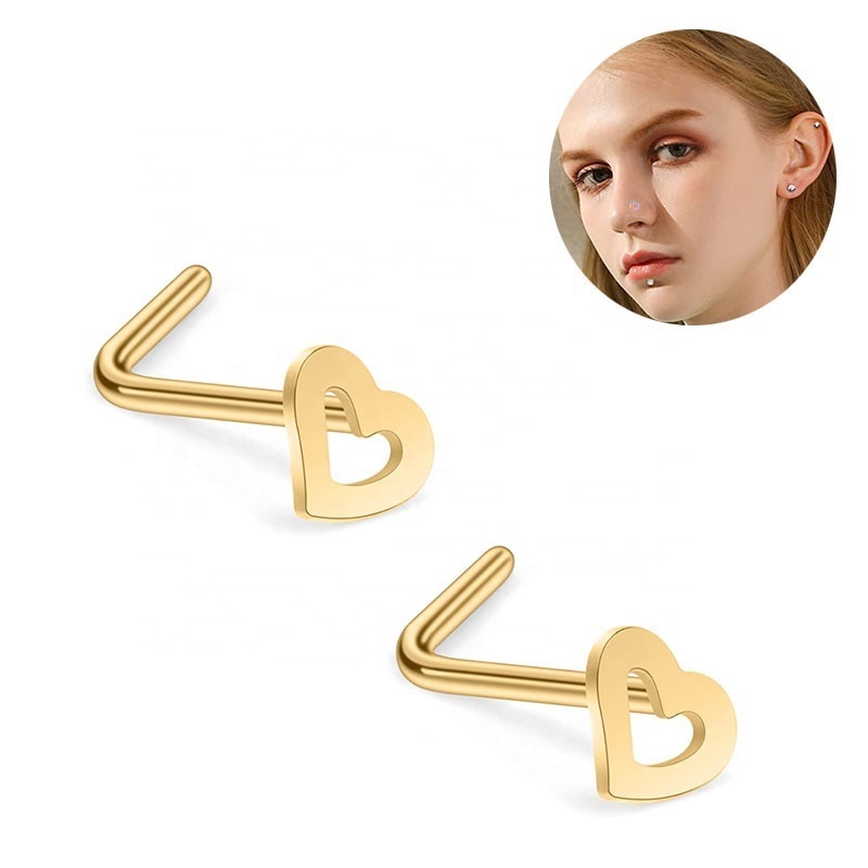 Medical Stainless Steel Body Piercing Jewelry Hollow Heart L Shape Nose Nostril Ring Nose Piercing