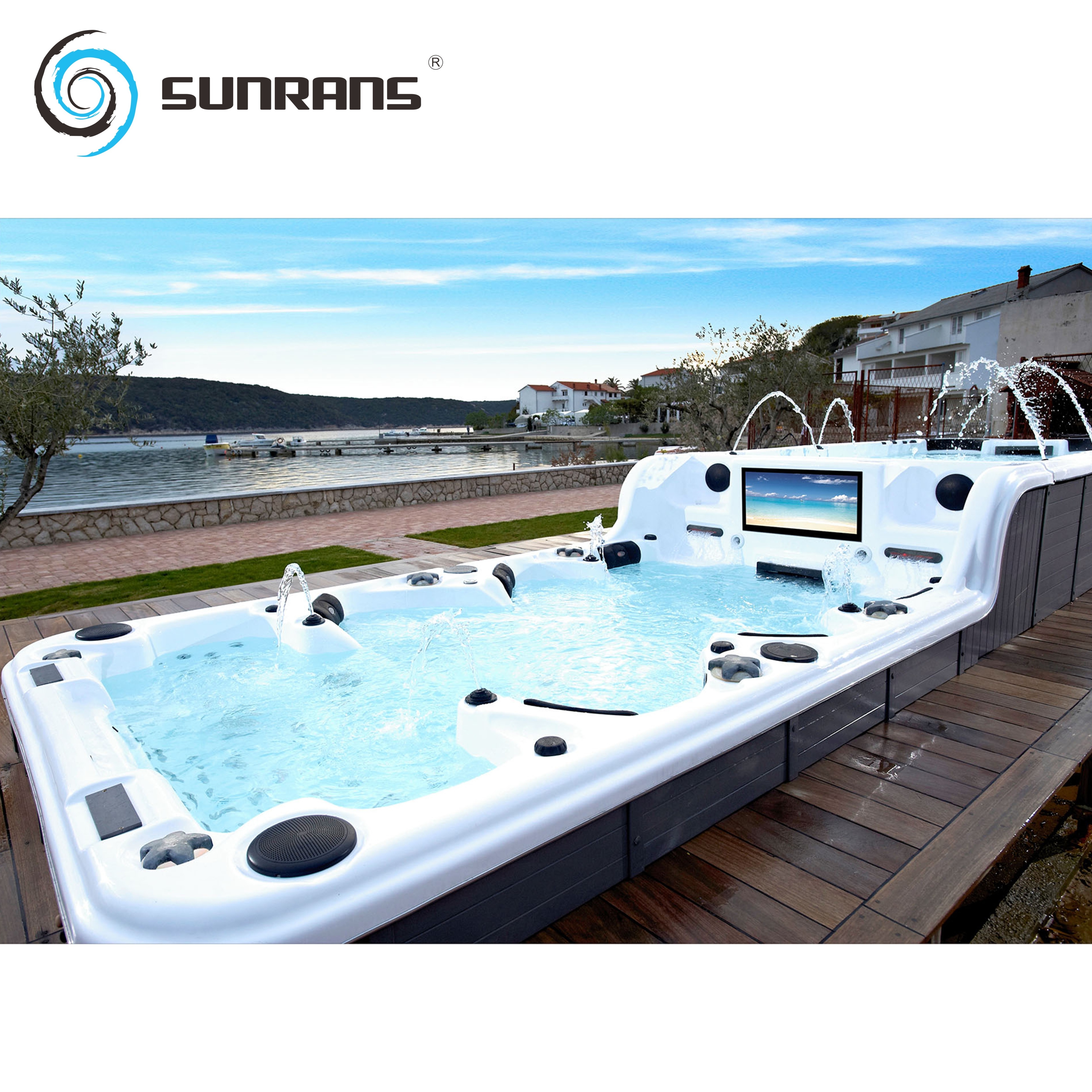 Sunrans 12 Persons Luxury Garden Endless Swim Spa Pool Hot Tub Outdoor Dual Zone Acrylic Large Above Ground Swimming Pool