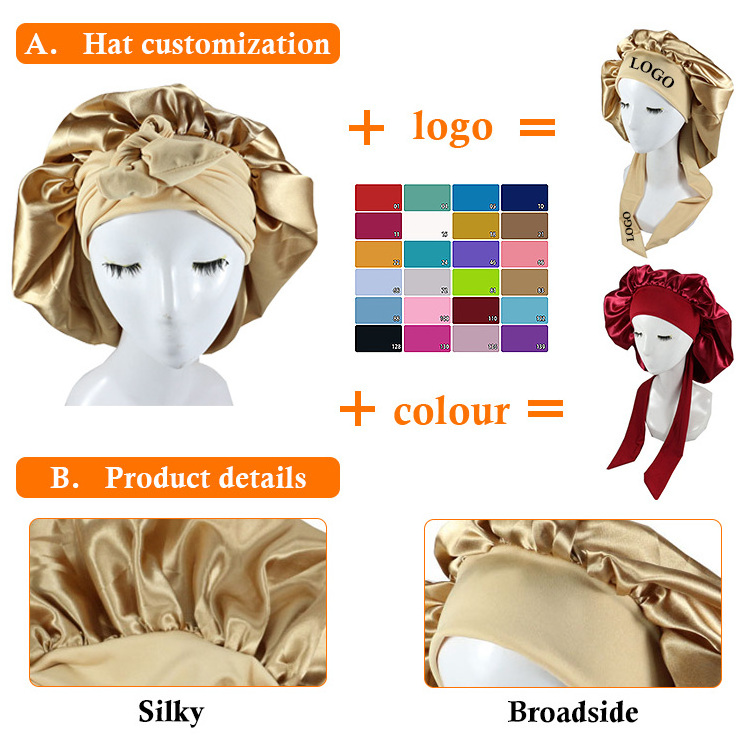 Custom Logo Luxury Headbands Adjustable Silk Braid Long Bonnets And Satin Hair Wraps Women Designer Satin Hair Bonnets