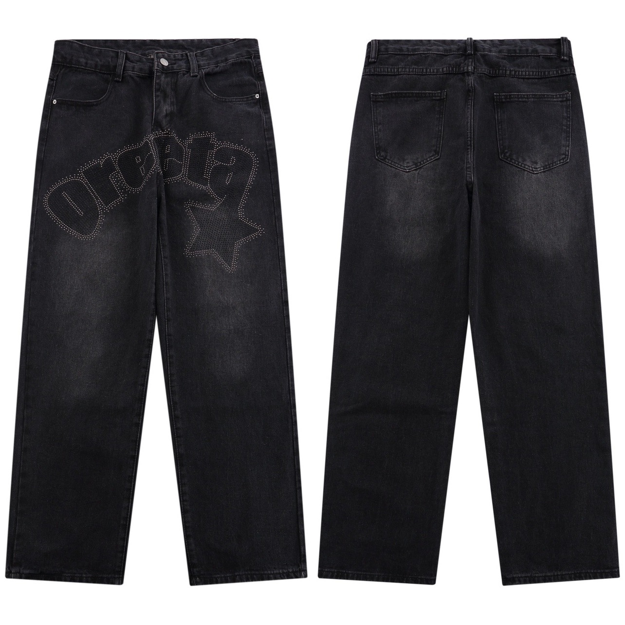 Factory Wholesale Good Quality loose fit black denim pants hip hop rhinestone jeans pant men fashion baggy jeans