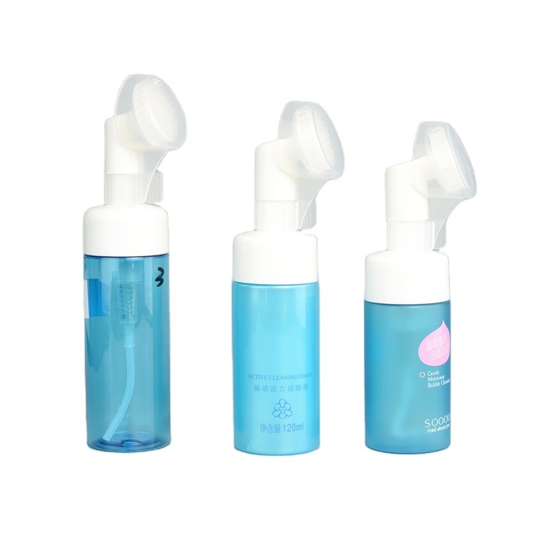 Facial Cleanser Water Packaging Bottle with Silicone Brush Pump Foam Pump Cylinder Plastic Blue Shampoo Screen Printing PET