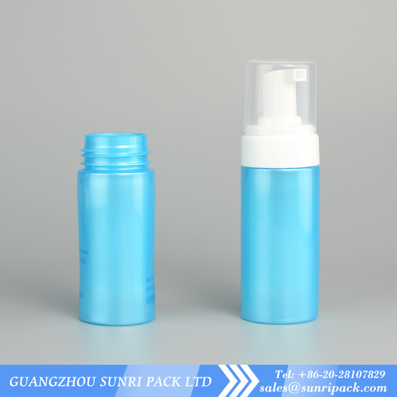 Facial Cleanser Water Packaging Bottle with Silicone Brush Pump Foam Pump Cylinder Plastic Blue Shampoo Screen Printing PET