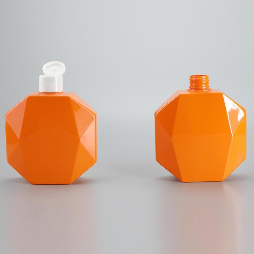 10oz 300ml solid orange plastic special shape packaging bottle for shampoo lotion usage with white flip top cap and 24/410 neck