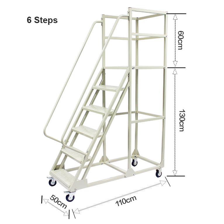 Warehouse Steel Safety Rolling Mobile Platform 6 Steps Ladder with Handrails and Wheels