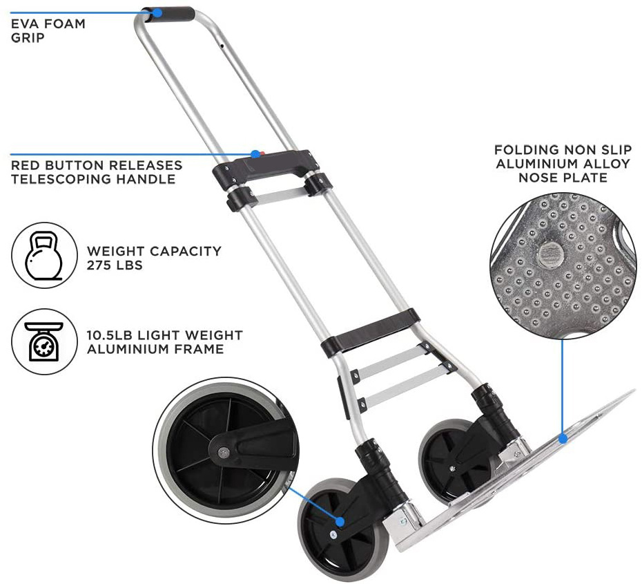 Aluminium Cart Folding Hand Truck Dolly 60kg 2 Wheels Push Collapsible Luggage Trolley