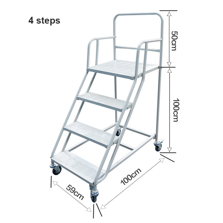 Warehouse Steel Safety Rolling Mobile Platform 6 Steps Ladder with Handrails and Wheels