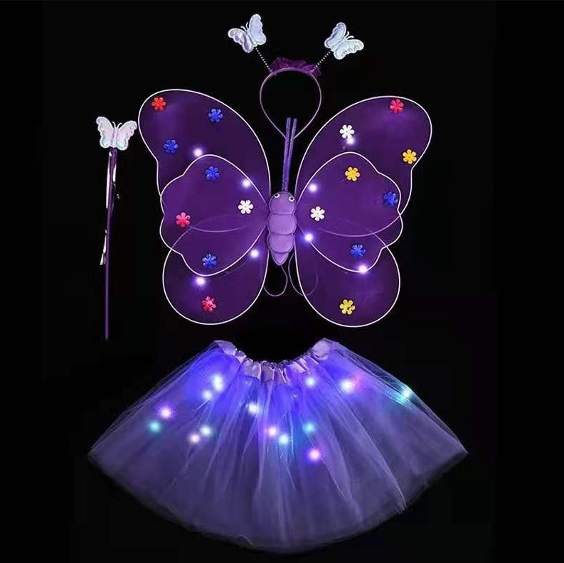 Girls Light up Fairy Costume Set fairy angel wings LED butterfly wings LED tutu skirt with Wand and Headband